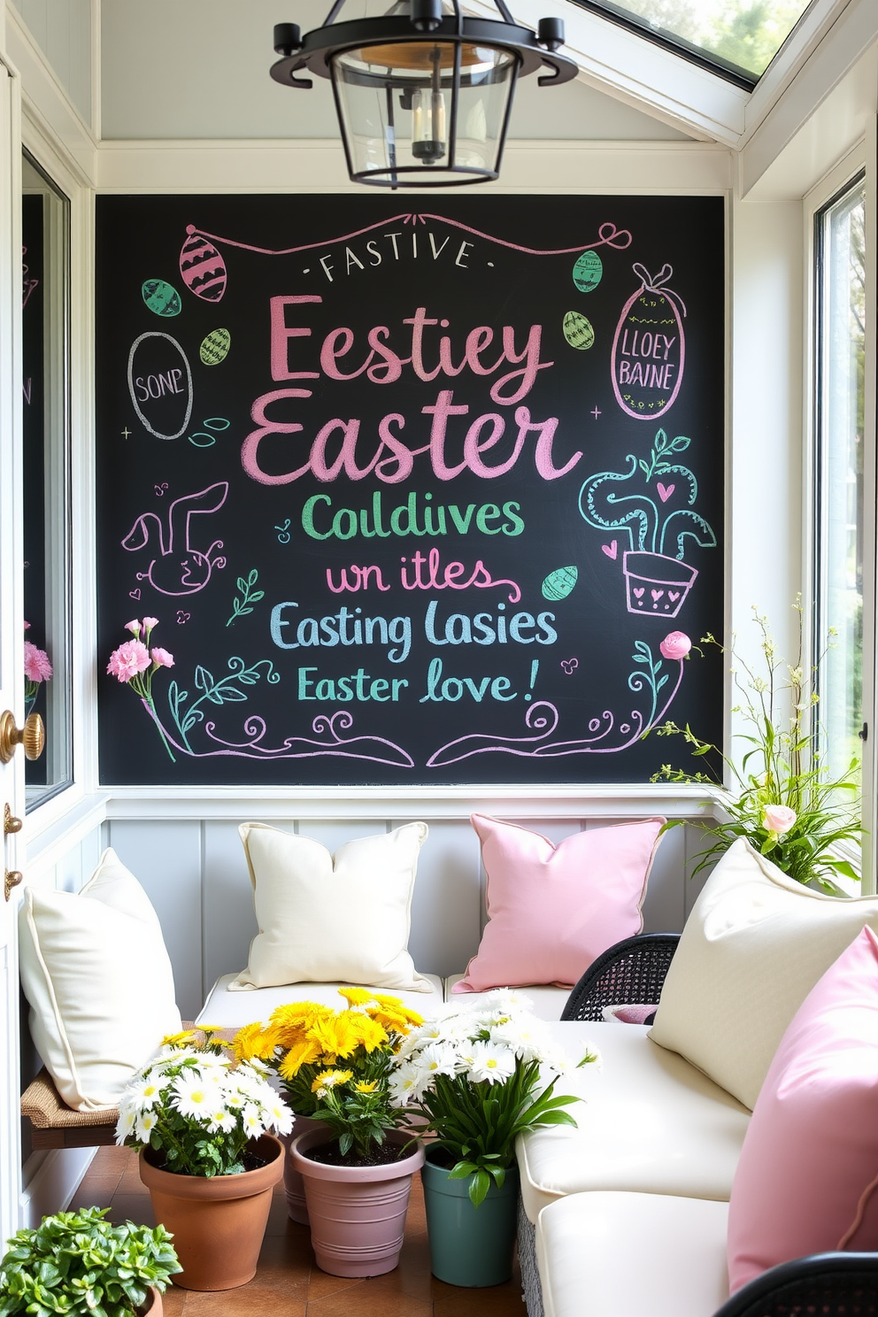 A charming sunroom adorned with a large chalkboard displaying festive Easter greetings in colorful chalk. The space is filled with natural light, featuring potted spring flowers and pastel-colored cushions on comfortable seating.