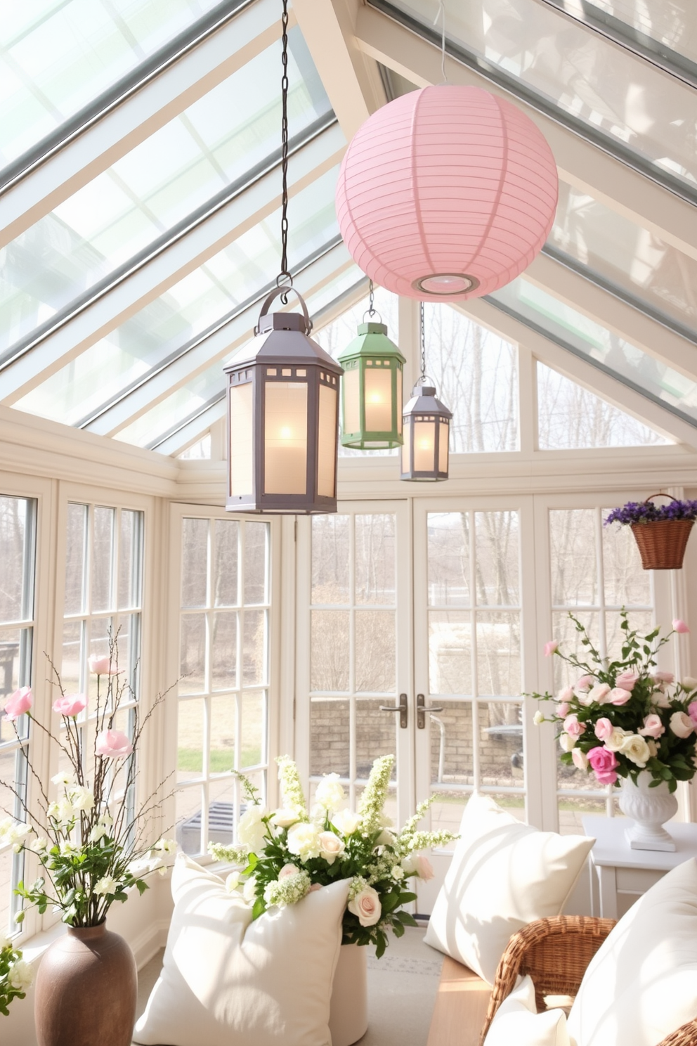 A sunroom filled with natural light features pastel-colored lanterns hanging from the ceiling, casting a warm and inviting glow. The decor includes floral arrangements and soft cushions in light hues, creating a cheerful atmosphere perfect for Easter celebrations.