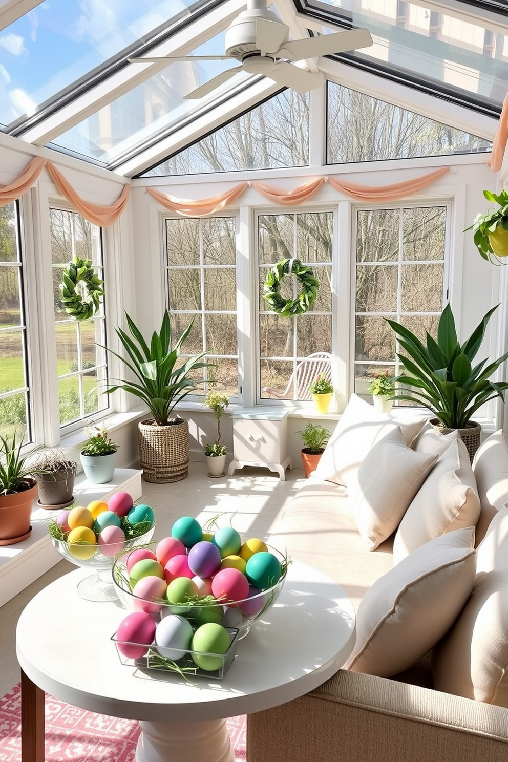 A bright and cheerful sunroom filled with natural light. Colorful DIY painted eggs are artistically arranged in various bowls, creating a festive atmosphere. The walls are adorned with pastel-colored decorations, and potted plants add a touch of greenery. A cozy seating area invites relaxation, perfect for enjoying the springtime vibes.