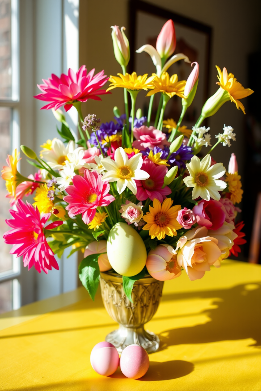 A vibrant floral table centerpiece featuring an array of colorful spring flowers arranged artfully in a decorative vase. Nestled among the blossoms are beautifully decorated eggs in pastel shades, adding a festive touch to the sunlit space.