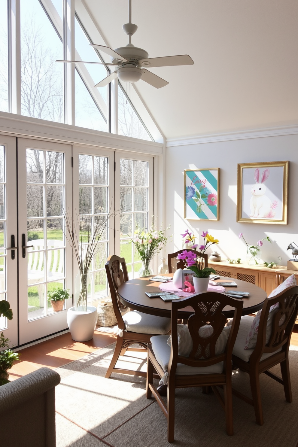 Cheerful spring artwork adorns the walls of a bright sunroom filled with natural light. The decor features pastel colors and floral patterns, creating a vibrant and inviting atmosphere perfect for Easter celebrations.