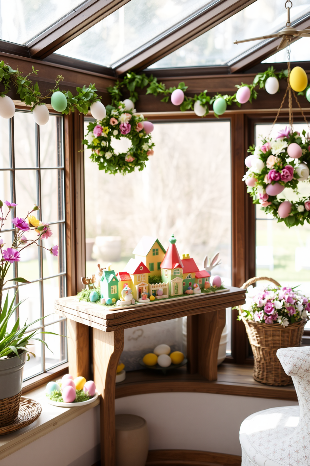 A charming miniature Easter village is displayed on a rustic wooden shelf. The vibrant pastel colors of the houses and figurines create a whimsical atmosphere perfect for spring. The sunroom is adorned with cheerful Easter decorations, including floral arrangements and colorful egg garlands. Natural light floods the space, enhancing the festive spirit and inviting relaxation.