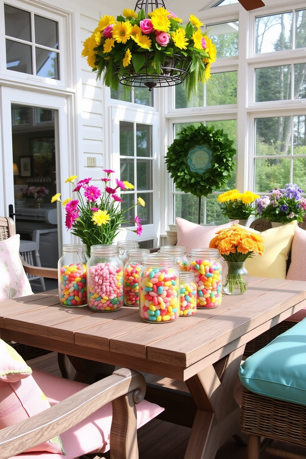 A bright and cheerful sunroom decorated for Easter features a collection of glass jars filled with colorful jellybeans. The jars are arranged on a rustic wooden table surrounded by vibrant floral arrangements and pastel-colored cushions on the seating.