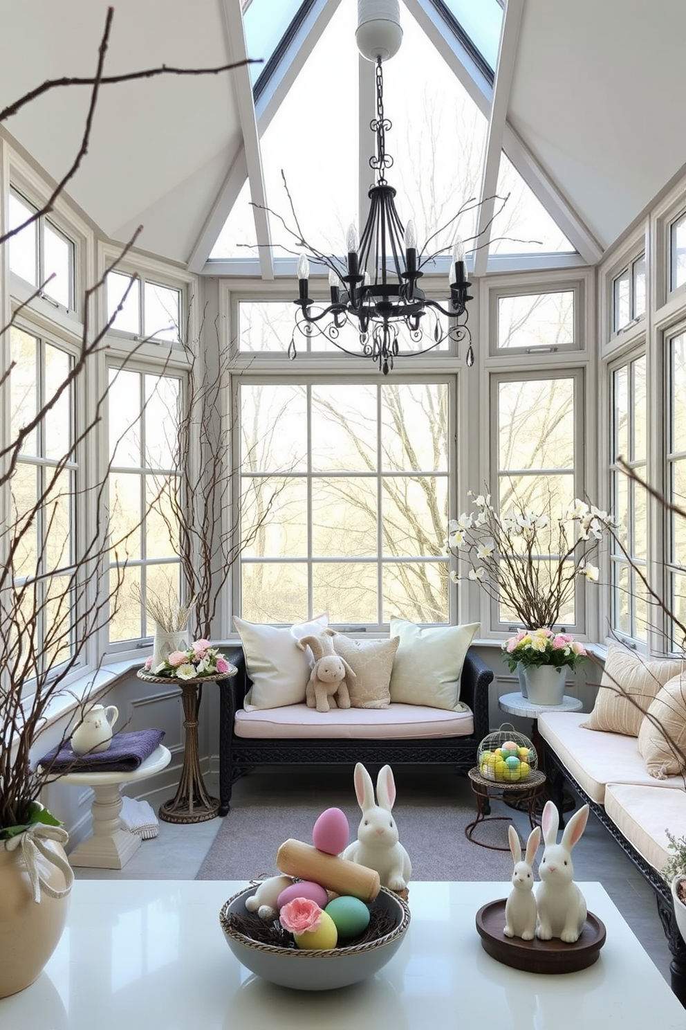 A bright sunroom filled with natural elements like branches and twigs creates a serene atmosphere. The large windows allow soft sunlight to filter in, illuminating a cozy seating area adorned with pastel-colored cushions. Easter decorations are tastefully arranged throughout the space. Delicate floral arrangements, colorful eggs in decorative bowls, and whimsical bunny figurines add a festive touch to the sunroom.