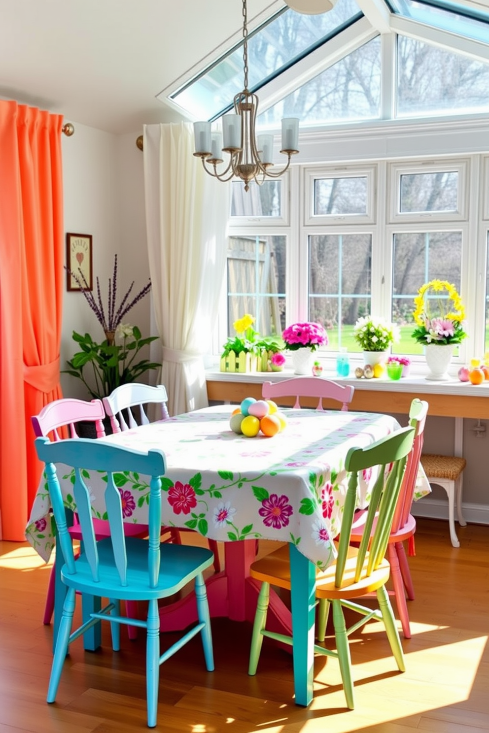 A bright and cheerful dining table is set with a vividly colored tablecloth featuring floral patterns. Surrounding the table are mismatched chairs, each painted in a different pastel hue, creating a playful and inviting atmosphere. In the sunroom, light streams through large windows adorned with sheer curtains, illuminating a festive Easter display. Vibrant decorations such as painted eggs and spring flowers are thoughtfully arranged on the table and window sills, enhancing the joyful ambiance.