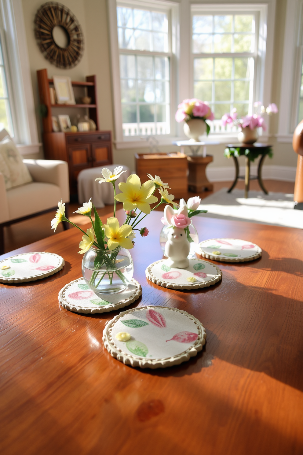 Easter themed coasters are beautifully arranged on a polished wooden coffee table. The sunroom is filled with natural light, featuring pastel colored decorations and fresh flowers that enhance the festive atmosphere.