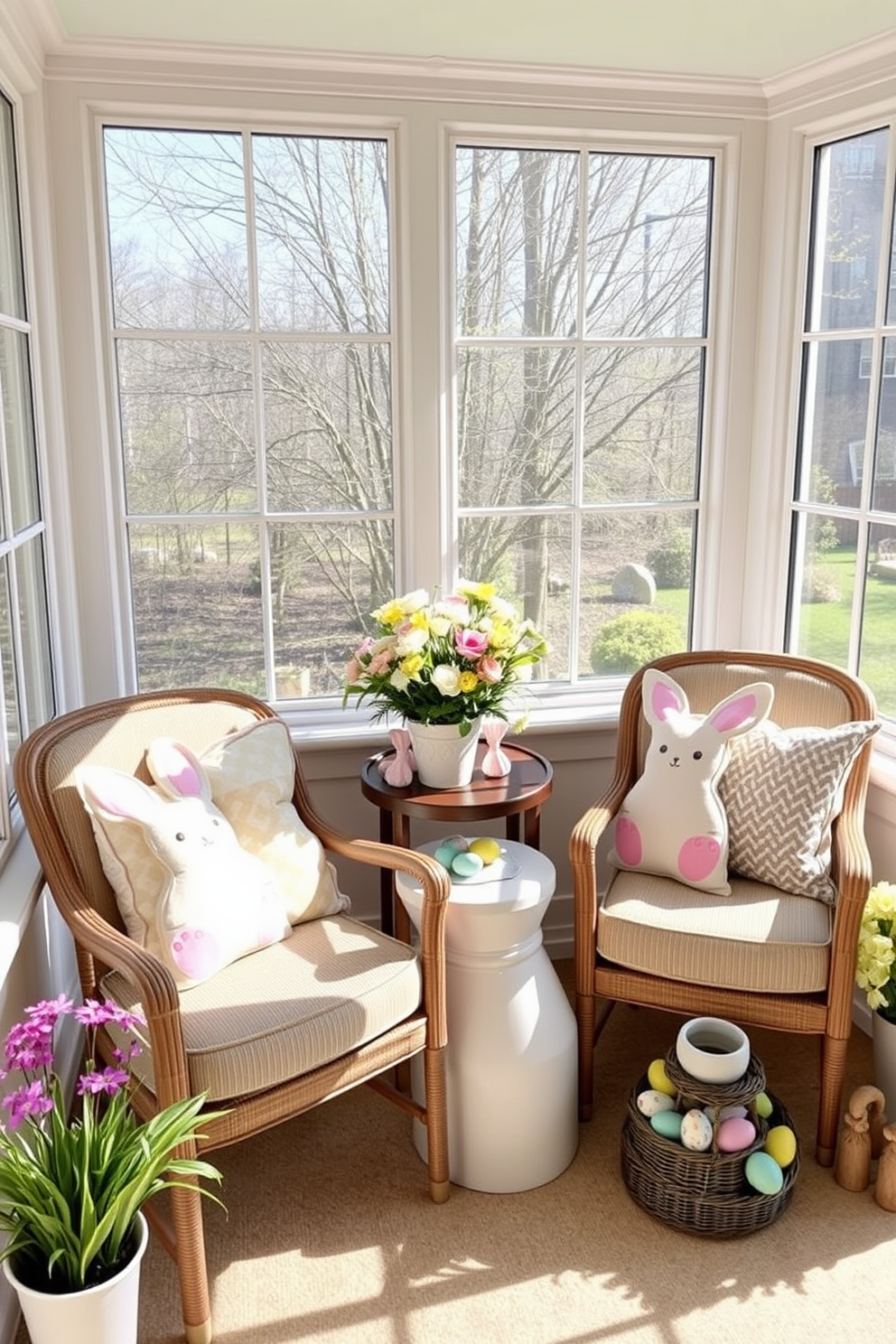 A sunroom filled with natural light features cozy chairs adorned with whimsical bunny pillows in pastel colors. The decor includes festive Easter elements like colorful eggs and floral arrangements, creating a cheerful and inviting atmosphere.