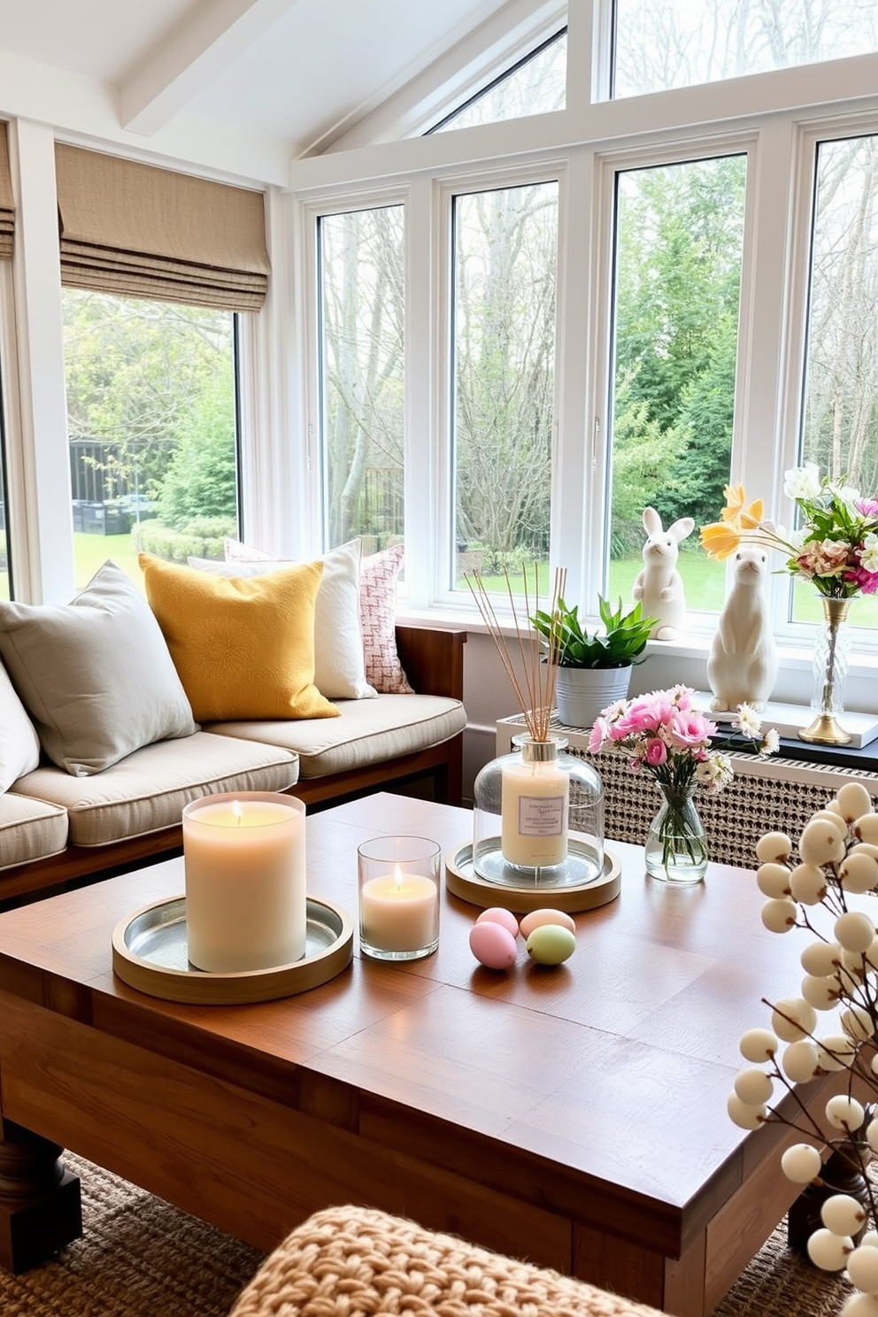 A sunroom filled with natural light features a cozy seating area adorned with plush cushions. On a wooden coffee table, seasonal candles emit inviting scents of spring, while elegant diffusers release refreshing fragrances throughout the space. Colorful Easter decorations are tastefully arranged around the sunroom, including pastel-hued eggs and delicate floral arrangements. A cheerful bunny figurine sits on the windowsill, complementing the vibrant atmosphere of the room.