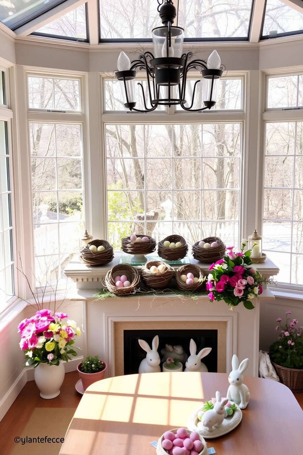 A charming sunroom filled with natural light. Decorative bird nests are artfully arranged on the mantel, complemented by soft pastel accents. Easter decorations adorn the space, featuring vibrant floral arrangements and whimsical bunnies. The overall atmosphere is warm and inviting, perfect for celebrating the season.