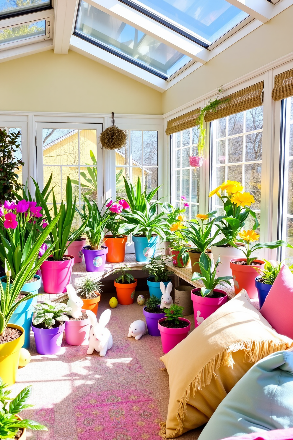 A bright and airy sunroom filled with an array of vibrant plants in colorful pots. Each pot showcases a unique design, adding a playful touch to the space while sunlight streams through large windows. The sunroom is adorned with cheerful Easter decorations, including pastel-colored eggs and whimsical bunnies. Soft cushions and throws in spring hues create a cozy atmosphere, inviting relaxation and enjoyment of the seasonal charm.