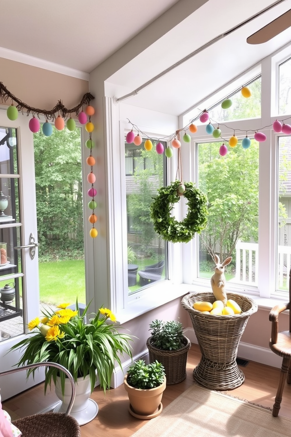 Create a sunroom decorated for Easter with a cheerful atmosphere. Hanging egg garlands are draped across the windows, adding a festive touch to the space.