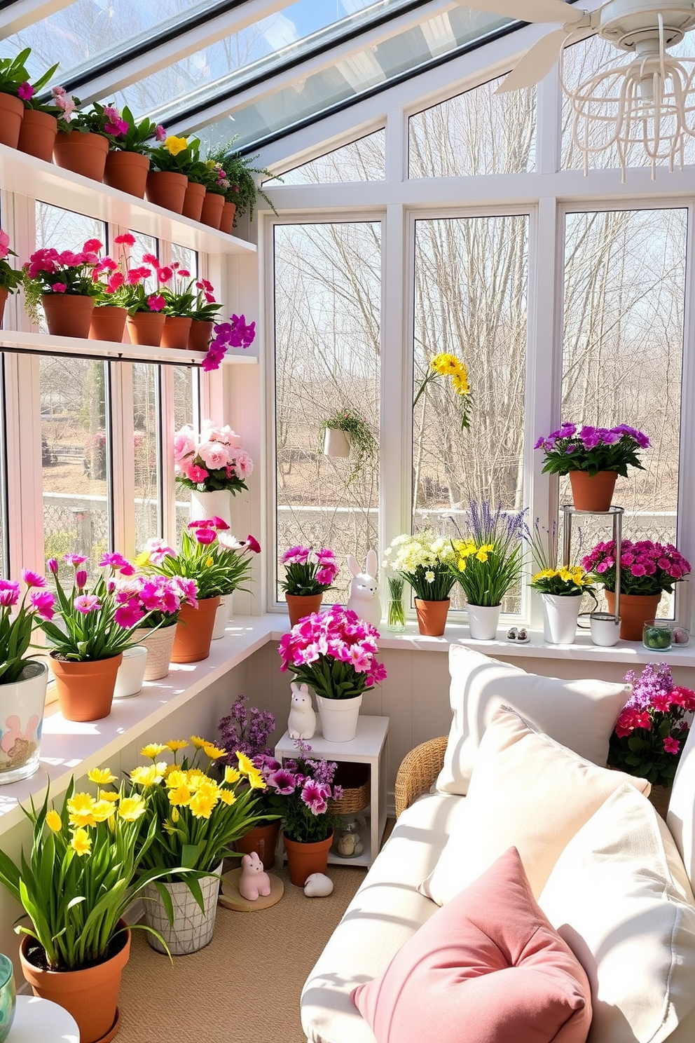 A bright and cheerful sunroom filled with natural light. Shelves lined with various potted spring flowers in vibrant colors create a lively atmosphere. Delicate pastel decorations are scattered throughout the space, enhancing the Easter theme. Soft cushions in light hues adorn the seating area, inviting relaxation and enjoyment of the seasonal beauty.