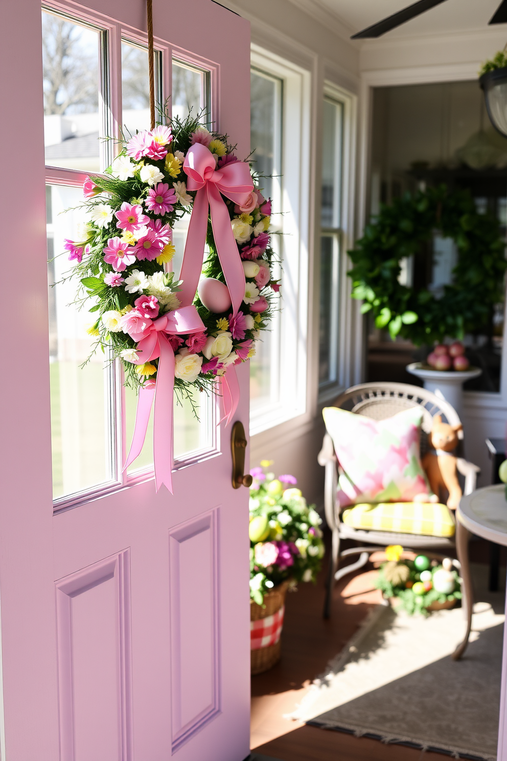 A vibrant Easter wreath adorns the front door, featuring an array of pastel flowers, eggs, and ribbons that create a cheerful welcome. The sunroom is filled with light, showcasing a cozy seating area decorated with colorful cushions and a table set with festive Easter decorations.