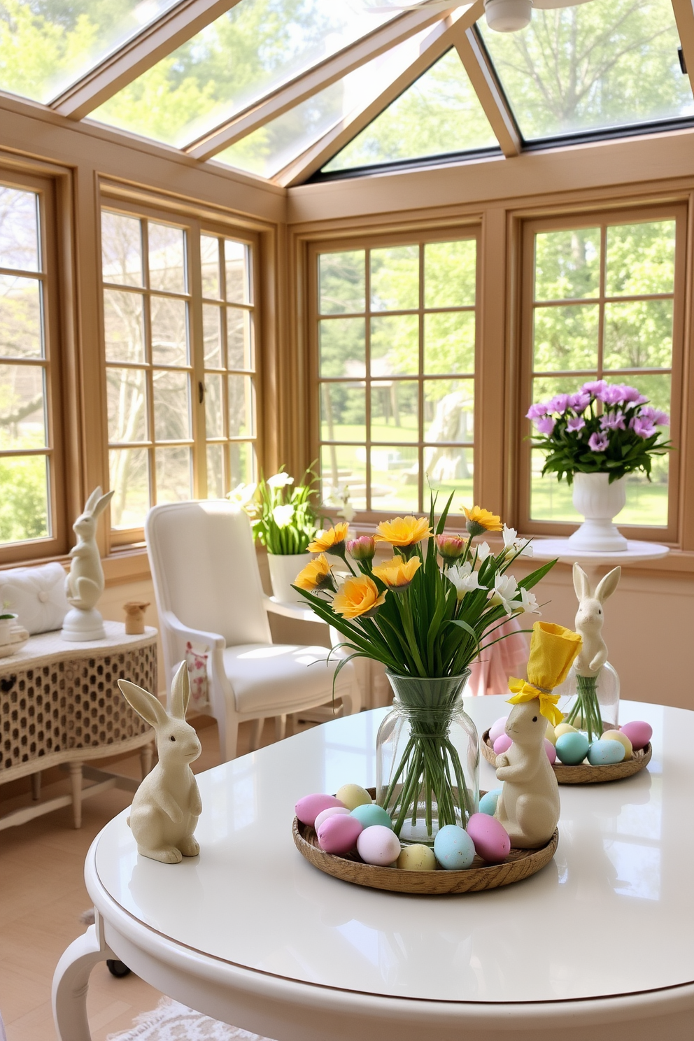 A bright sunroom filled with natural light features side tables adorned with charming bunny figurines. The tables are decorated with pastel-colored Easter eggs and fresh spring flowers, creating a festive and inviting atmosphere.