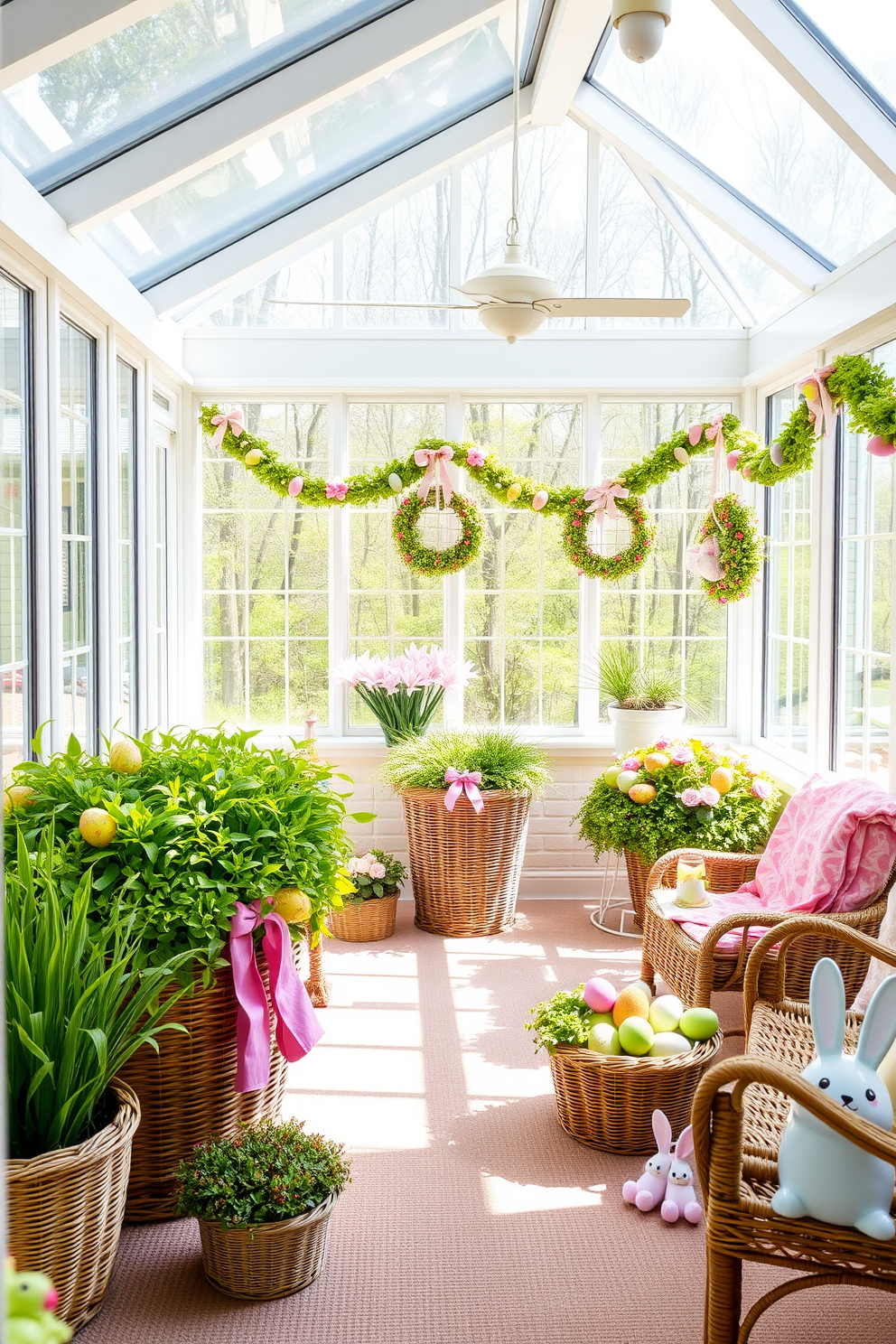 A bright and airy sunroom filled with natural light. Decorative baskets overflowing with lush greenery are strategically placed around the space, creating a vibrant and inviting atmosphere. Colorful Easter decorations adorn the room, featuring pastel-colored eggs and cheerful bunnies. The overall design combines the freshness of spring with cozy elements, making it a perfect gathering spot for family and friends.