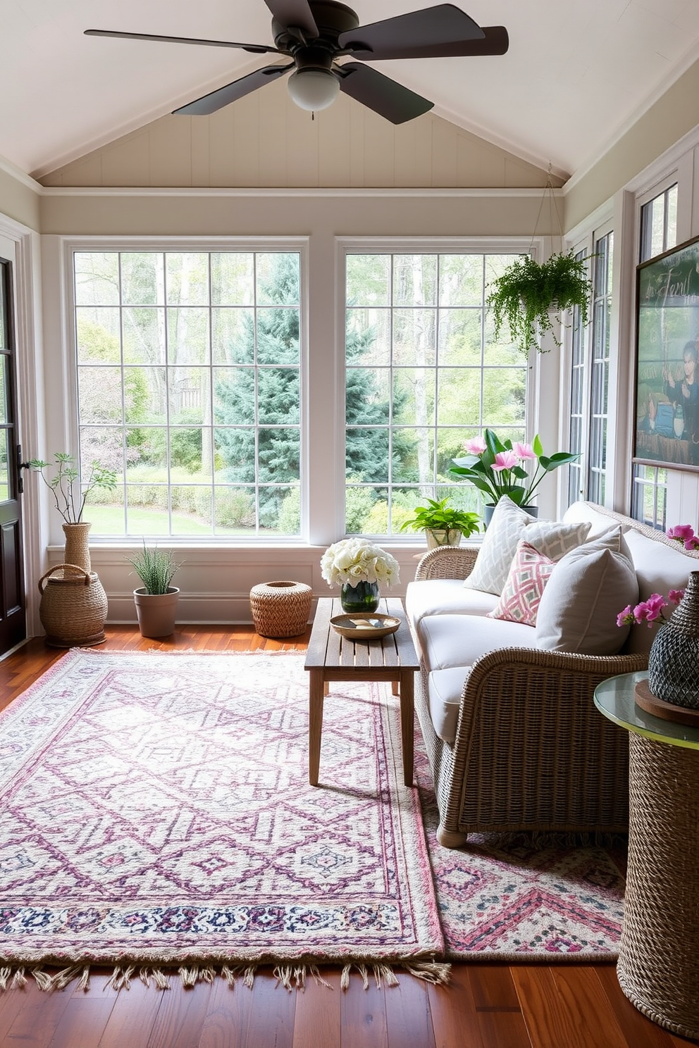 Layered rugs create a cozy and inviting atmosphere in the sunroom. Soft textures and complementary colors enhance the warmth and comfort of the space. Easter decorating ideas can bring a fresh and vibrant touch to your sunroom. Incorporate pastel colors, floral arrangements, and playful decorations for a cheerful ambiance.