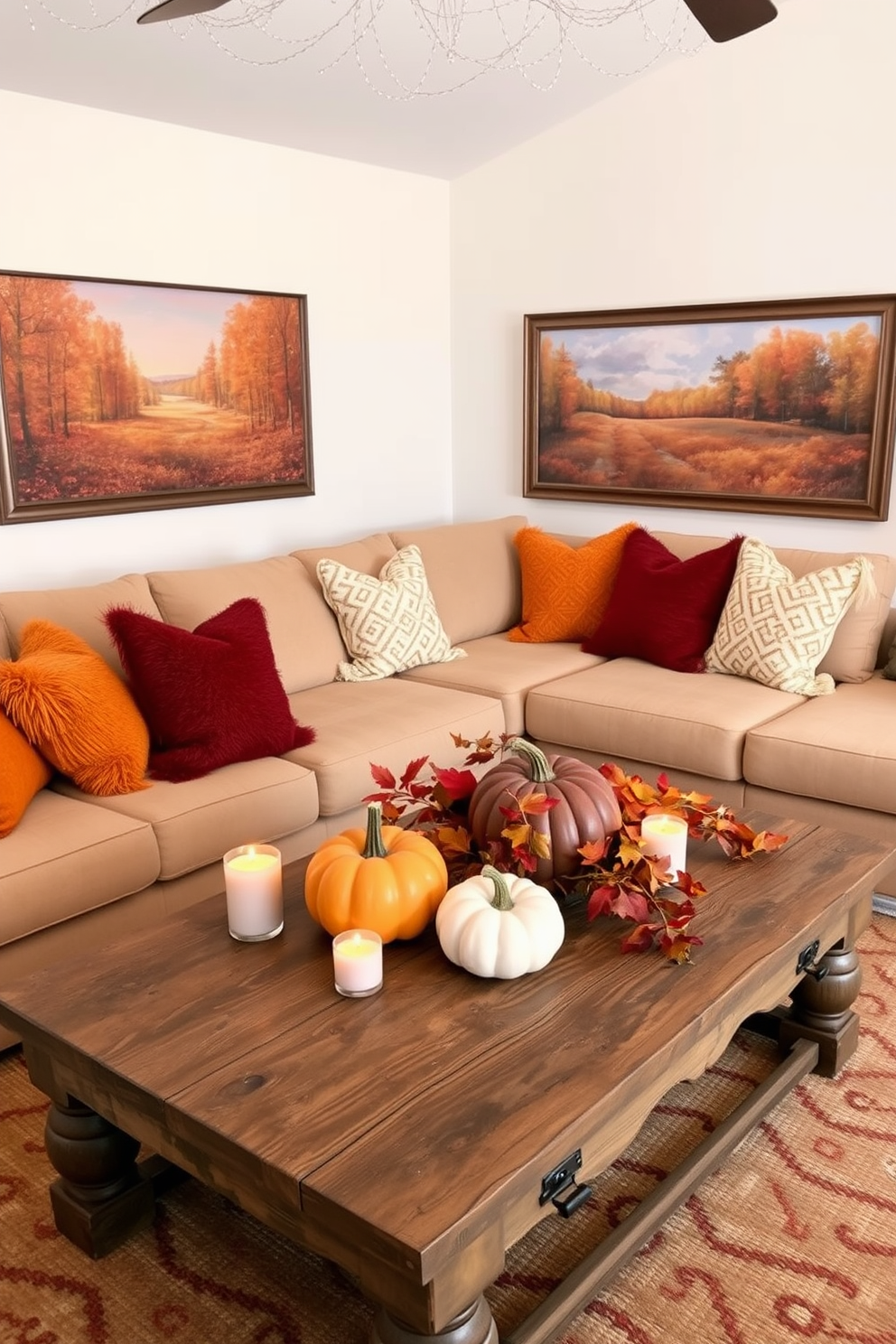 A cozy living room adorned with warm autumn hues. Plush orange and deep red throw pillows are scattered across a beige sectional sofa, while a rustic wooden coffee table sits in the center. On the walls, framed autumn landscape paintings add a touch of seasonal charm. A decorative pumpkin centerpiece is placed on the coffee table, surrounded by flickering candles for a warm ambiance.