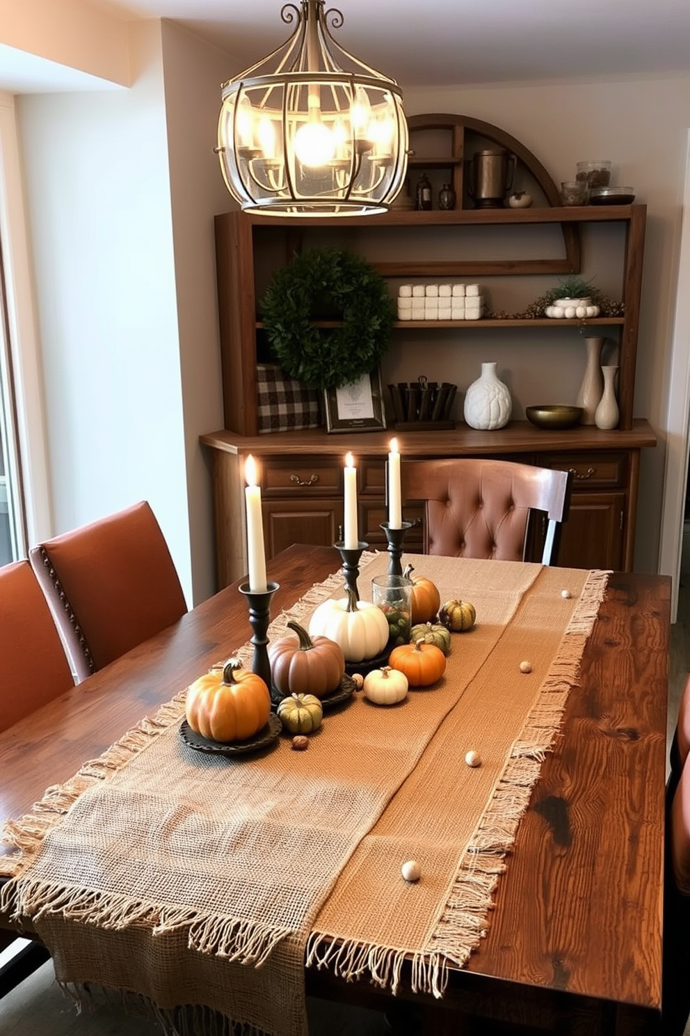 A cozy dining area featuring a rustic wooden table adorned with a burlap table runner. The table is set with autumn-themed decorations, including small pumpkins and candles, creating a warm and inviting atmosphere. The chairs around the table are upholstered in earthy tones, complementing the natural textures of the burlap. Soft, ambient lighting from a nearby chandelier enhances the festive Thanksgiving spirit in the apartment.