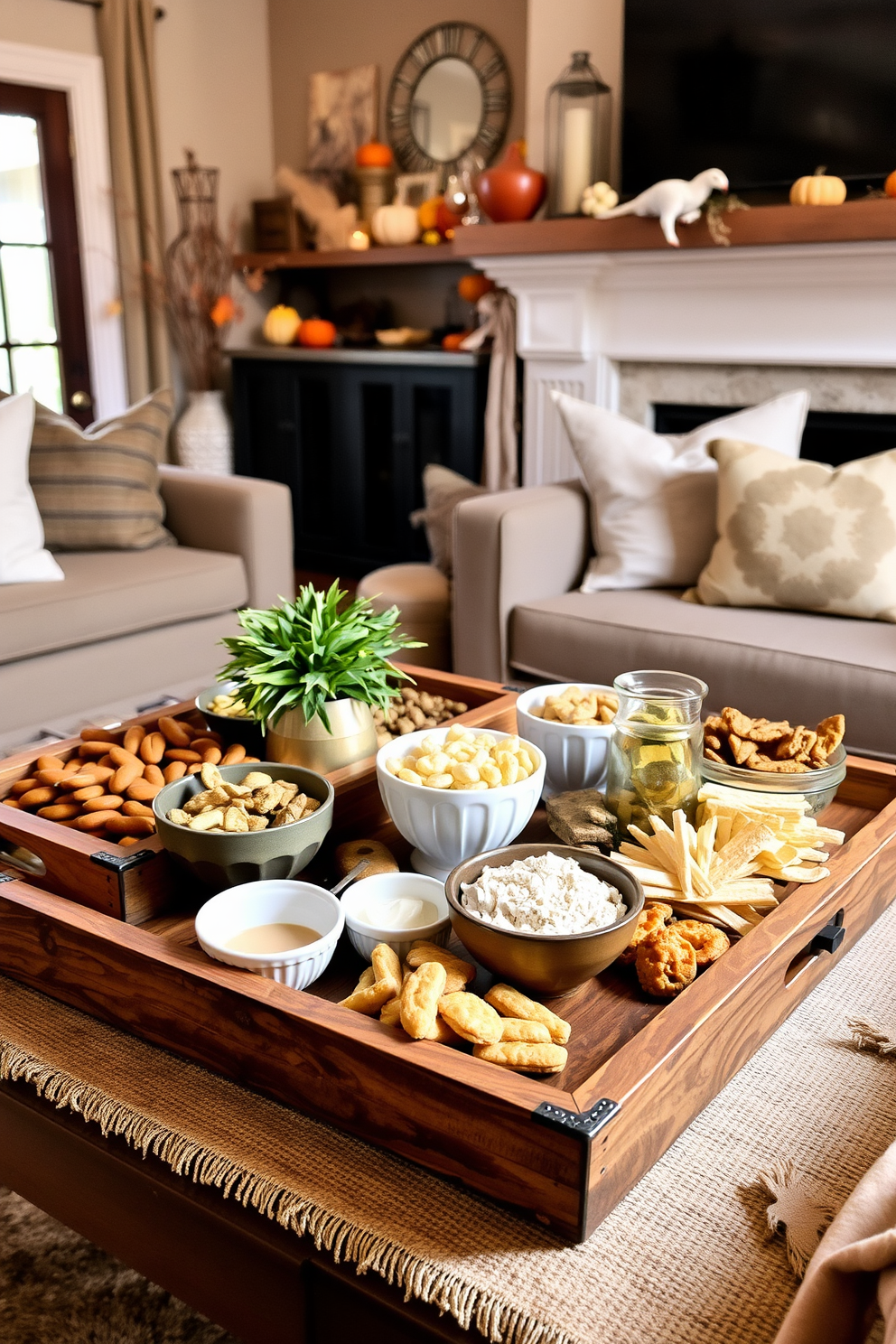 Create a cozy living room setting featuring rustic wooden trays filled with an assortment of snacks for a Thanksgiving gathering. The warm ambiance is enhanced by soft lighting and autumn-themed decorations, inviting guests to relax and enjoy the festive atmosphere.