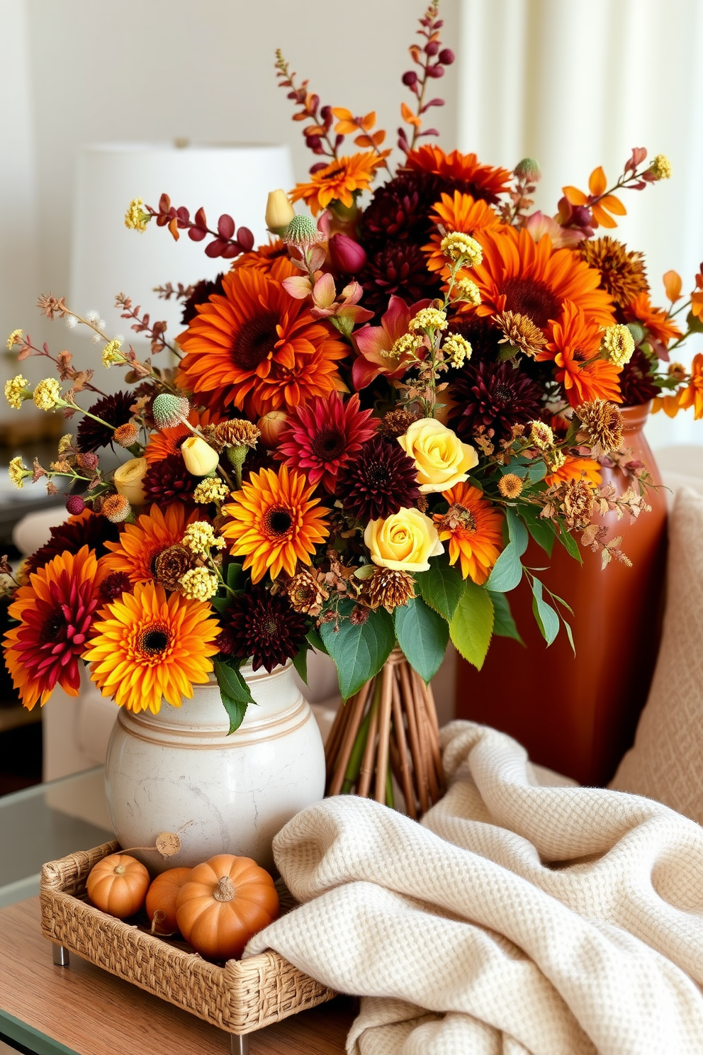 Floral arrangements filled with rich autumn blooms create a warm and inviting atmosphere in your Thanksgiving apartment. Incorporate deep oranges, burgundies, and yellows in a variety of vases to enhance the seasonal charm. Decorate your space with cozy textiles and earthy accents to complement the floral displays. Use soft throws and rustic elements to create a harmonious and festive environment for your holiday gatherings.