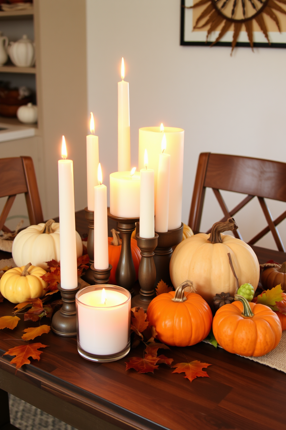 Create a warm and inviting Thanksgiving apartment setting featuring candles in varying heights to add depth and ambiance. Arrange the candles on a rustic wooden table surrounded by seasonal decorations like pumpkins and autumn leaves.