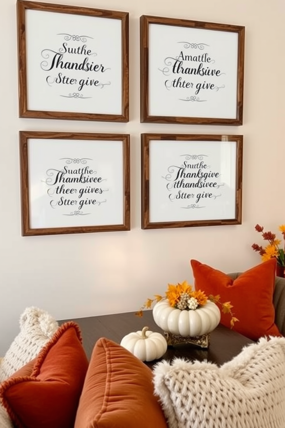 Thanksgiving quotes framed on walls create a warm and inviting atmosphere. The quotes feature elegant typography and are displayed in rustic wooden frames that complement the overall decor. Thanksgiving apartment decorating ideas include a cozy dining area adorned with seasonal centerpieces. Soft, warm lighting enhances the ambiance, while plush throw pillows in autumn colors add comfort to the seating.