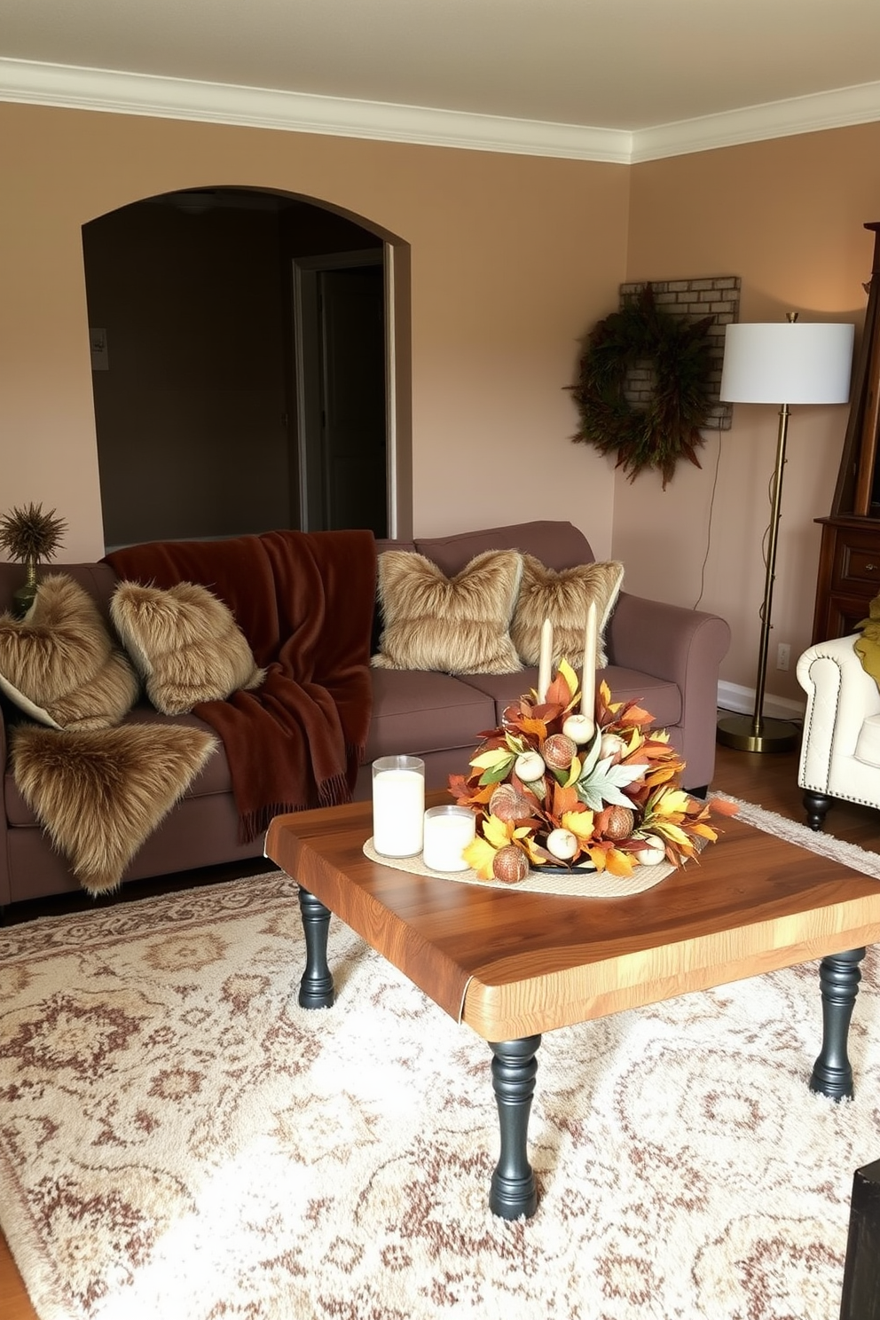 A warm and inviting living room adorned with faux fur throw pillows and a plush area rug. The color palette features rich earth tones, complemented by cozy blankets draped over a stylish sofa. Decorative elements include a rustic wooden coffee table topped with seasonal candles and a centerpiece of autumn leaves. Soft lighting from a chic floor lamp enhances the ambiance, creating a perfect setting for Thanksgiving gatherings.