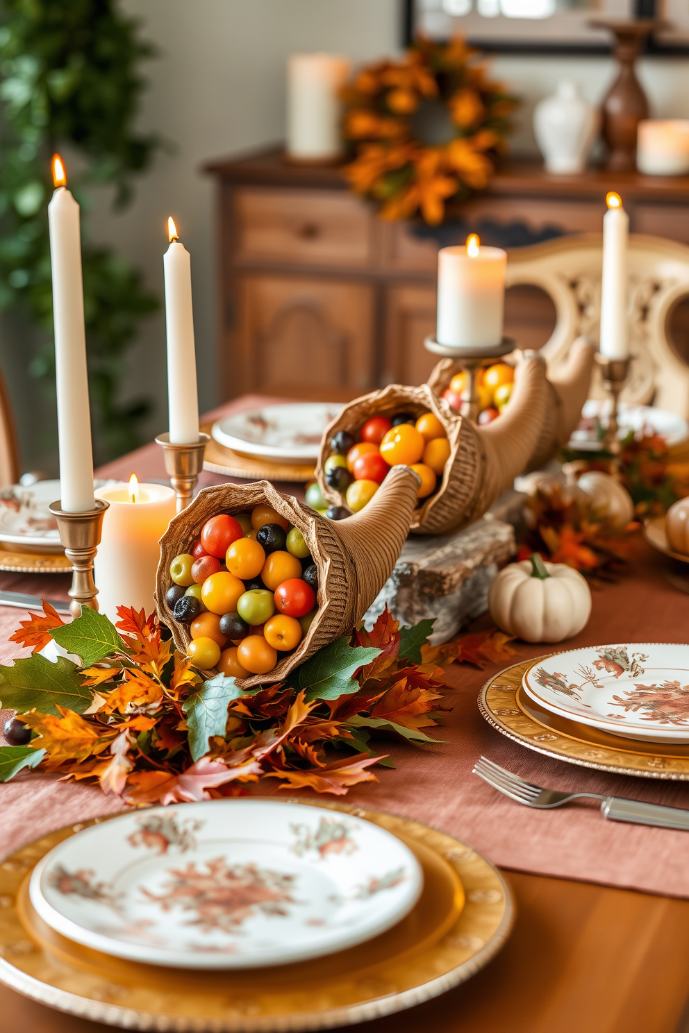 Miniature cornucopias filled with vibrant seasonal fruits and vegetables are placed at the center of the dining table. Surrounding them are soft, warm-toned candles and rustic wooden accents that enhance the cozy Thanksgiving atmosphere. The table is set with elegant dishware featuring autumnal patterns, complemented by rich, earthy-toned linens. Freshly picked autumn leaves are scattered across the table for an added touch of natural beauty.