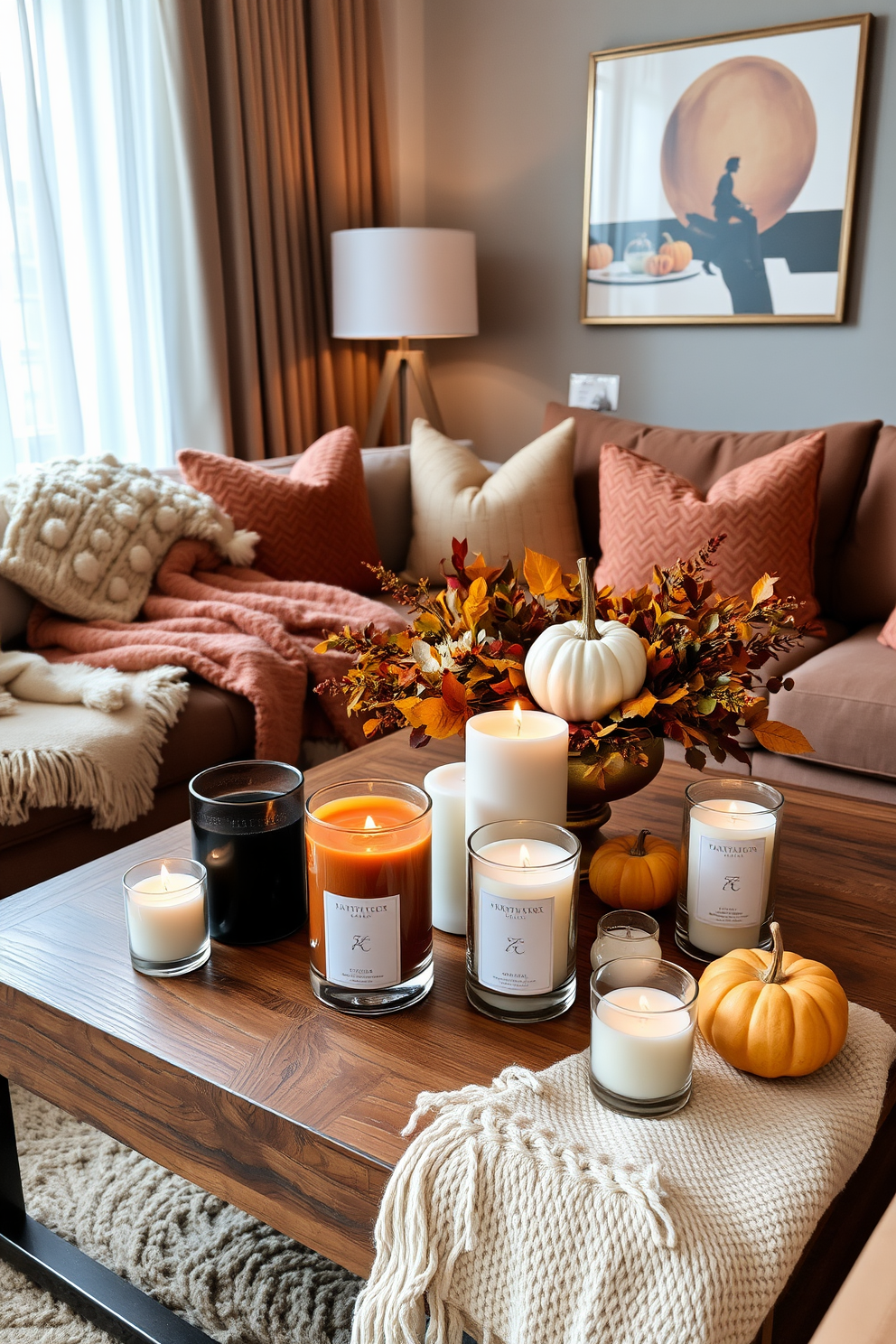 A cozy apartment setting adorned with seasonal scents. Scented candles in various sizes are placed on a wooden coffee table surrounded by autumn-themed decorations. Warm, earthy tones dominate the decor, with plush throw blankets draped over a stylish sofa. A festive centerpiece featuring mini pumpkins and fall foliage adds a touch of Thanksgiving spirit.