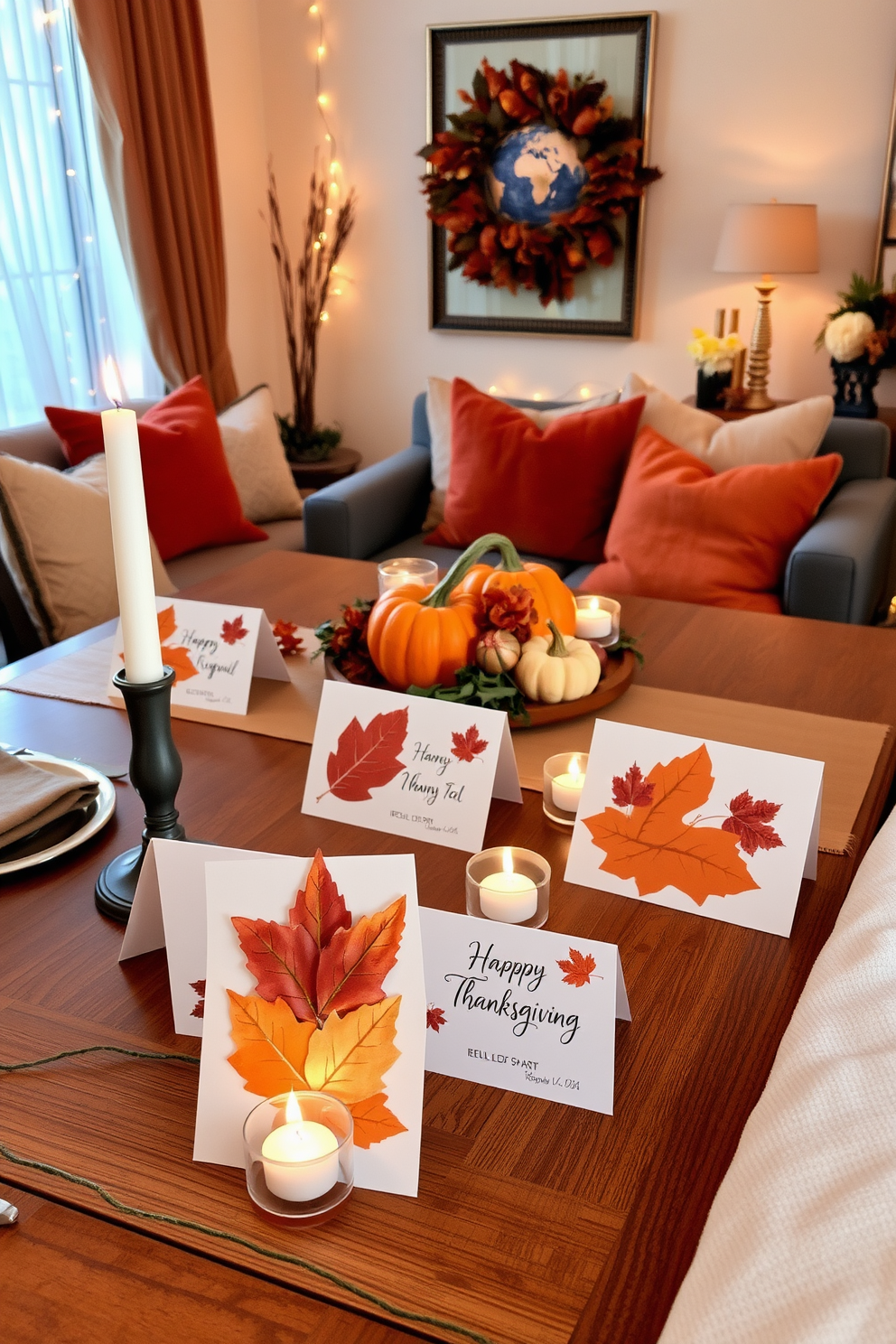 Creative place cards for dinner guests. Each card features a unique design that reflects the Thanksgiving theme, incorporating autumn leaves and warm colors. The cards are elegantly placed on a rustic wooden table setting. Soft candlelight enhances the cozy atmosphere, making each guest feel special and welcomed. Thanksgiving apartment decorating ideas. The living space is adorned with rich, earthy tones and seasonal decorations that evoke a sense of warmth and festivity. A centerpiece of pumpkins and gourds sits on the dining table, surrounded by twinkling fairy lights. Plush throw pillows in autumn hues are scattered on the couch, inviting relaxation and conversation.