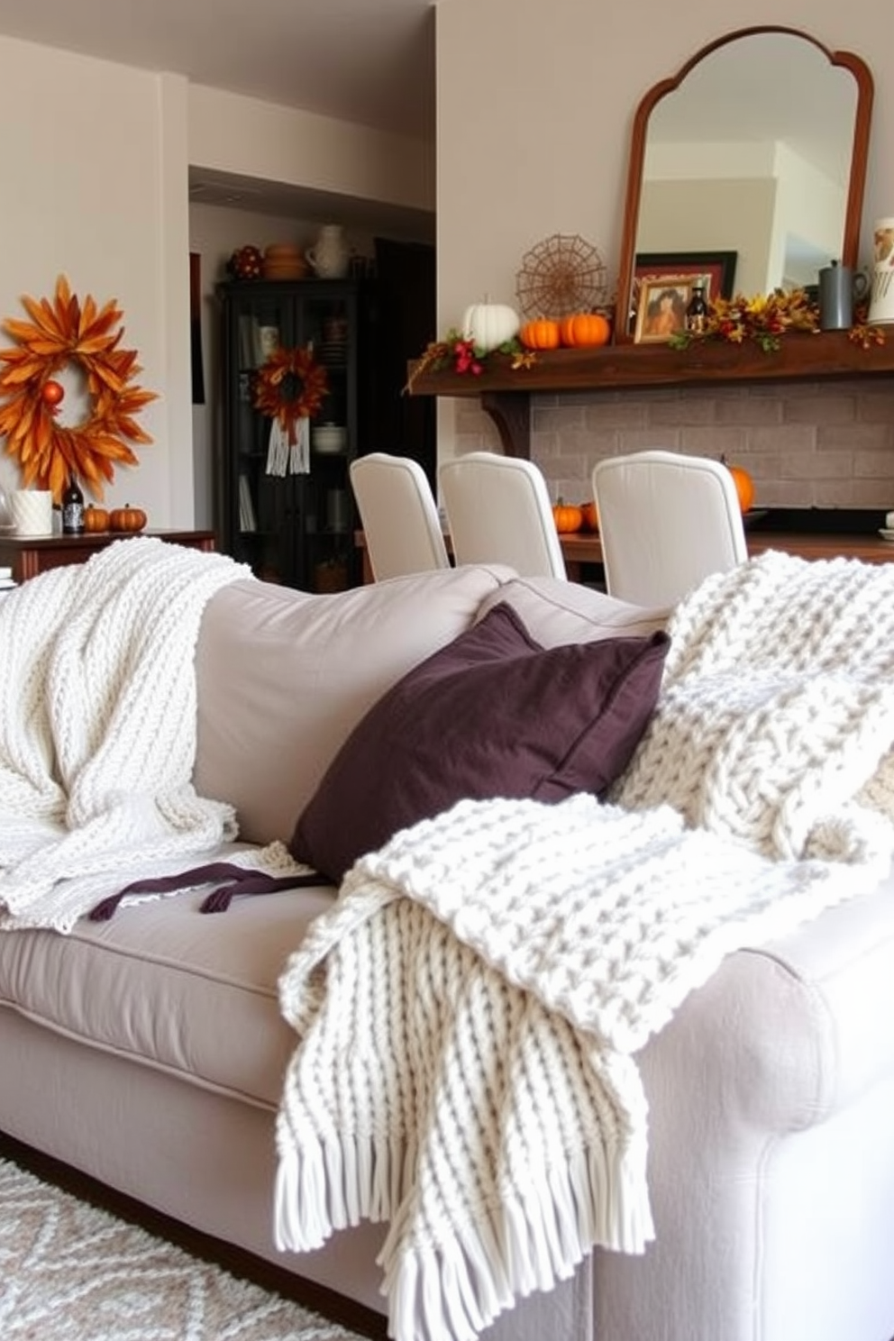 Cozy knit throw blankets are draped over plush sofas, adding warmth and texture to the living space. The apartment is adorned with autumn-themed decorations, creating a festive and inviting atmosphere for Thanksgiving.