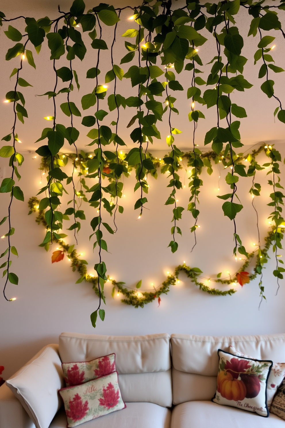 A cozy apartment decorated for Thanksgiving features hanging garlands made of lush green leaves draped across the living room ceiling. The warm glow of string lights intertwined with the garlands creates a festive atmosphere, complemented by autumn-themed cushions on the sofa.