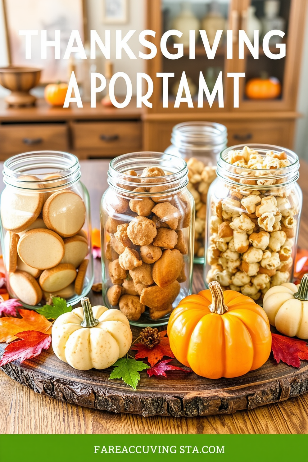 Create a cozy Thanksgiving apartment setting featuring glass jars filled with seasonal treats such as pumpkin spice cookies and caramel popcorn. The jars are arranged on a rustic wooden table, surrounded by autumn leaves and small decorative pumpkins for a festive touch.