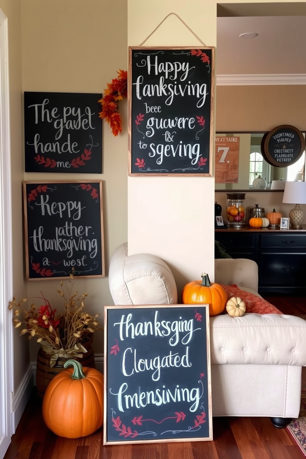 Charming chalkboard signs with hand-painted greetings celebrating Thanksgiving are placed strategically throughout the apartment. Each sign features warm autumn colors and playful fonts, enhancing the cozy atmosphere of the space. The apartment is decorated with seasonal accents like pumpkins and fall leaves, creating a welcoming environment for guests. Soft lighting and comfortable furnishings complement the cheerful chalkboard decor, inviting everyone to gather and enjoy the holiday spirit.