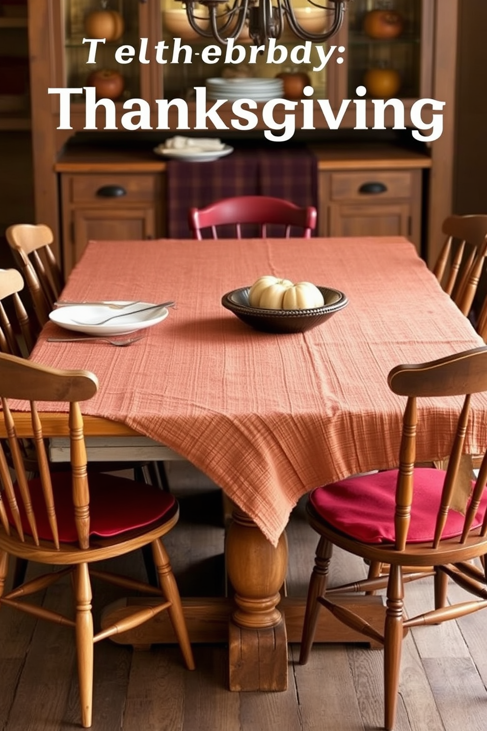 Textured tablecloths in rich colors drape elegantly over a rustic wooden dining table. Surrounding the table are mismatched chairs, each upholstered in complementary hues, creating a warm and inviting atmosphere for Thanksgiving.