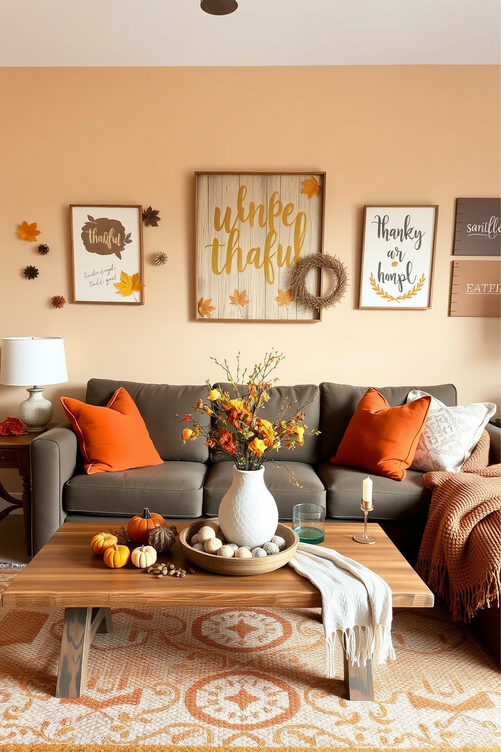 A cozy apartment living room designed for Thanksgiving. The space features a warm color palette with orange and gold accents, complemented by a rustic wooden coffee table adorned with handmade crafts and seasonal decorations. The walls are decorated with DIY art pieces that reflect the spirit of gratitude. Plush cushions and a soft throw blanket in autumn hues create an inviting atmosphere for family gatherings.