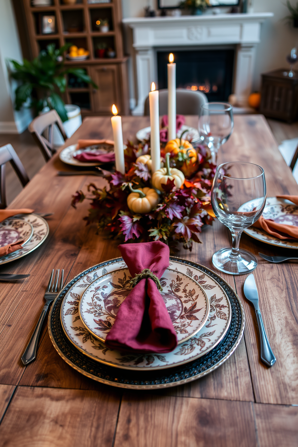 Elegant dinnerware in fall colors is beautifully arranged on a rustic wooden table. The plates are adorned with intricate leaf patterns, complemented by rich burgundy and golden napkins. A centerpiece of seasonal foliage and miniature pumpkins adds a warm touch to the setting. Soft candlelight flickers, casting a cozy ambiance throughout the apartment.