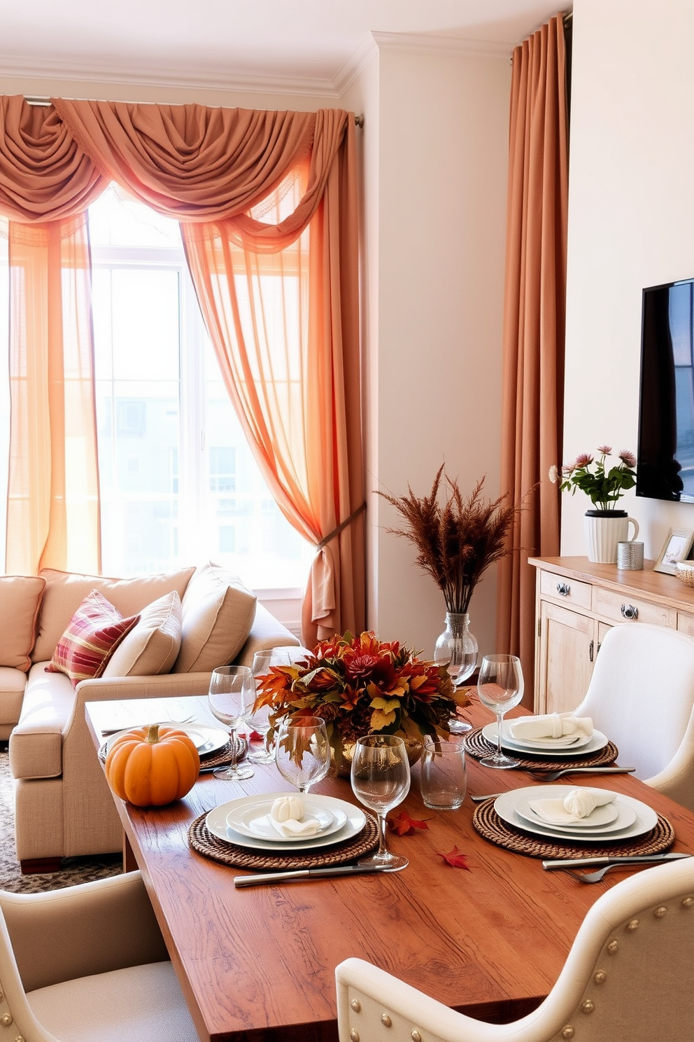 A warm and inviting living room adorned with layered curtains in soft earth tones. The curtains gently frame a large window, allowing natural light to filter through while creating a cozy atmosphere for Thanksgiving gatherings. A beautifully set dining table features a rustic wooden table with elegant place settings. Seasonal decorations like small pumpkins and autumn leaves add a festive touch to the Thanksgiving apartment decor.