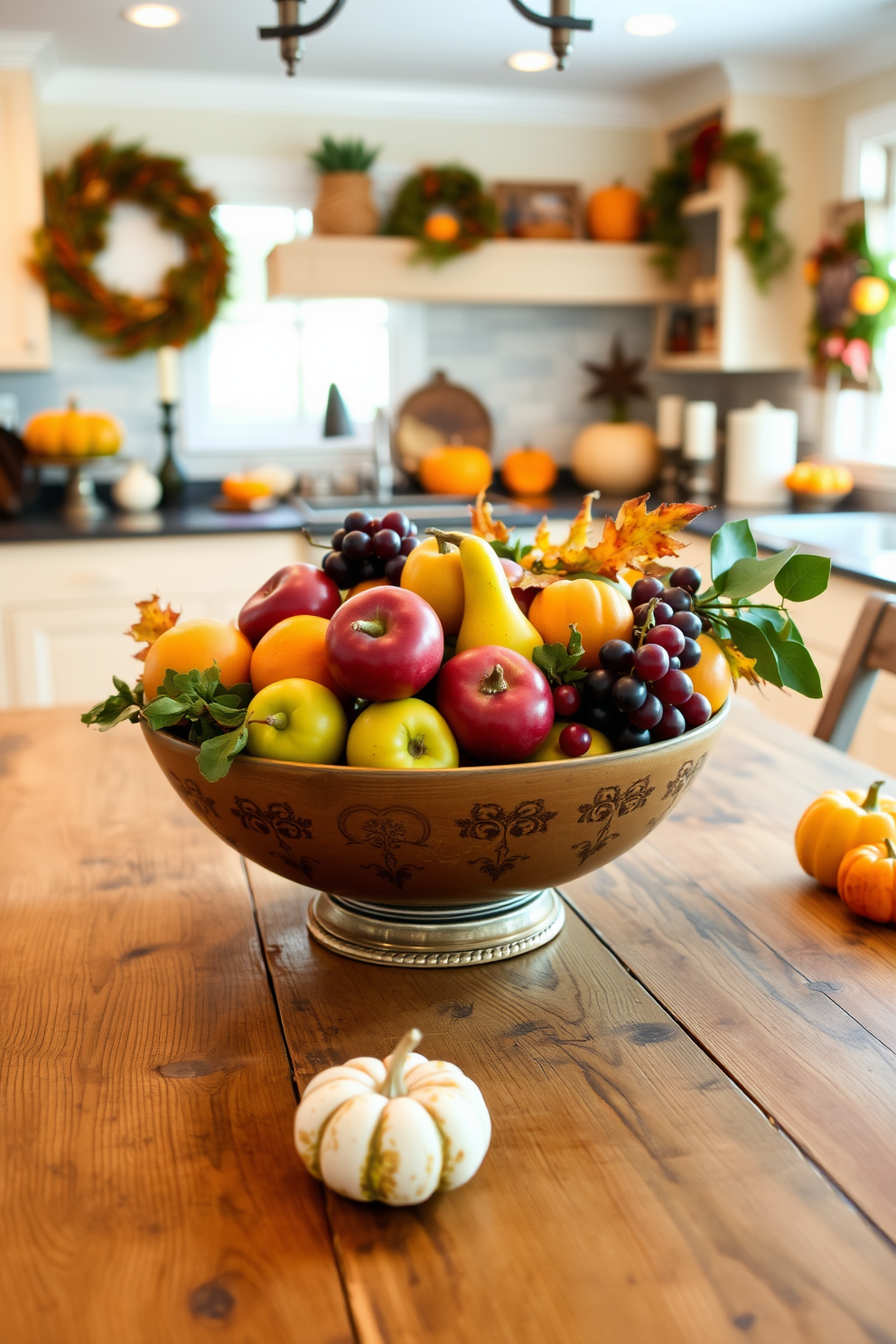 A beautifully arranged fruit bowl sits at the center of a rustic wooden kitchen table. The bowl is filled with vibrant seasonal fruits like apples, pears, and grapes, creating a warm and inviting atmosphere for Thanksgiving. The kitchen is adorned with autumn-themed decorations, featuring small pumpkins and gourds placed around the countertop. Soft, warm lighting enhances the cozy feel of the space, making it perfect for family gatherings.