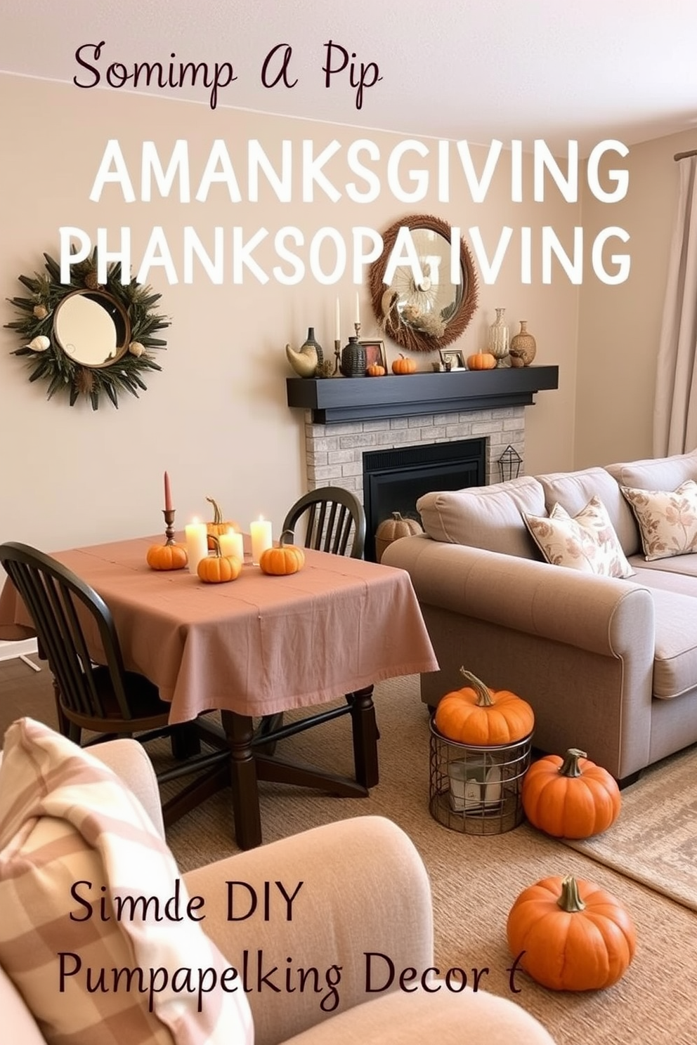 Create a cozy apartment setting for Thanksgiving featuring simple DIY pumpkin decorations. The space includes a small dining table adorned with a rustic tablecloth, surrounded by chairs, with mini pumpkins as centerpieces and candles for a warm glow. In the living area, a plush sofa is decorated with autumn-themed throw pillows, and a few larger pumpkins are placed near the fireplace. Soft, ambient lighting enhances the inviting atmosphere, making it perfect for family gatherings.