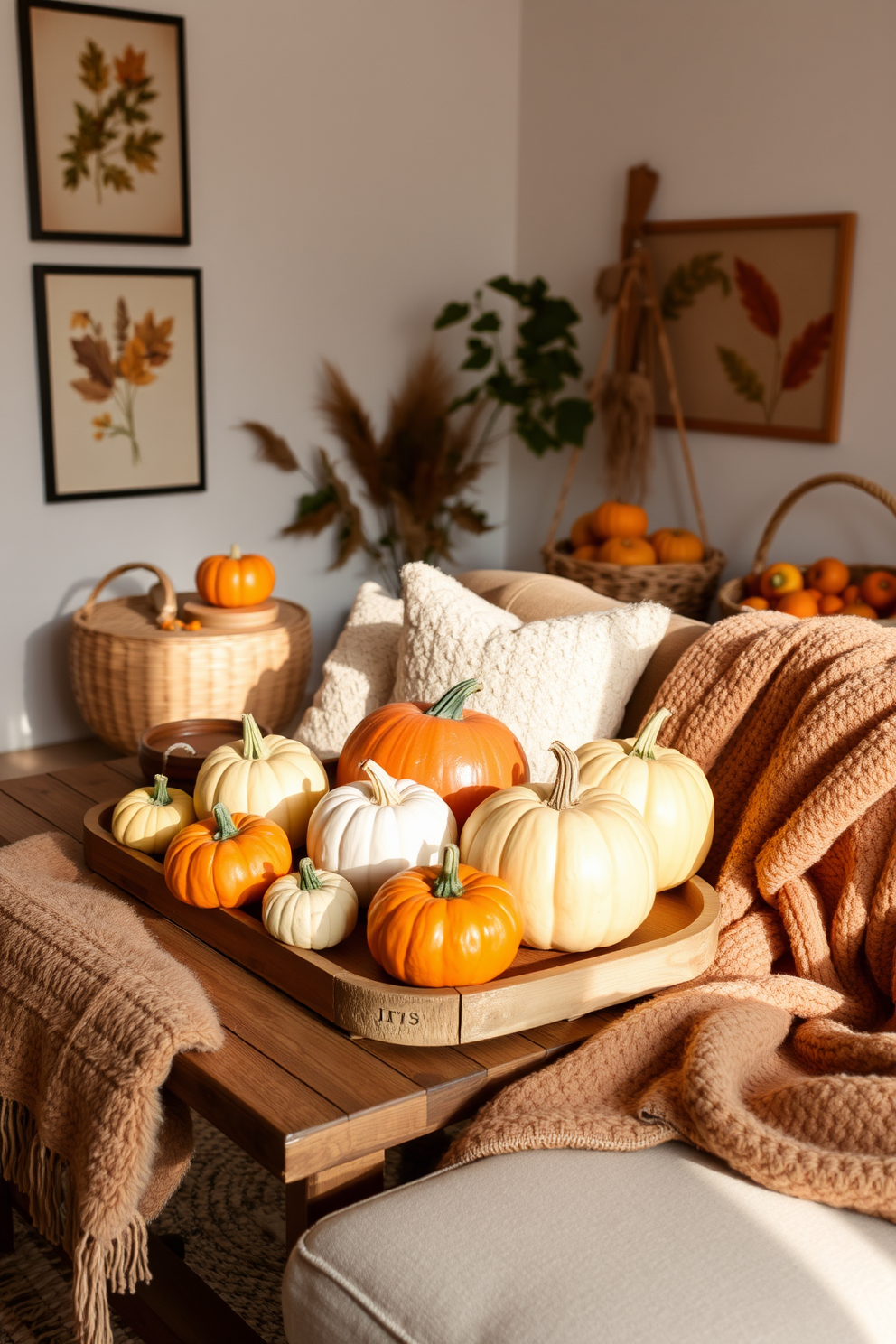 A cozy Thanksgiving apartment setting filled with natural elements. There are pumpkins and gourds of various sizes arranged on a rustic wooden table, complemented by soft, warm lighting. The walls are adorned with autumn-themed art, and a woven basket filled with seasonal fruits sits in the corner. Plush throw blankets in earthy tones drape over the couch, inviting relaxation and warmth.