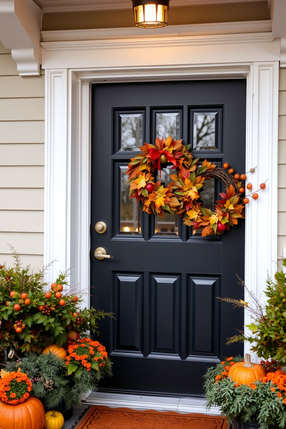 A cozy apartment entrance adorned with decorative wreaths on the front door. The wreaths are made of autumn leaves and seasonal fruits, creating a warm and inviting atmosphere for Thanksgiving.