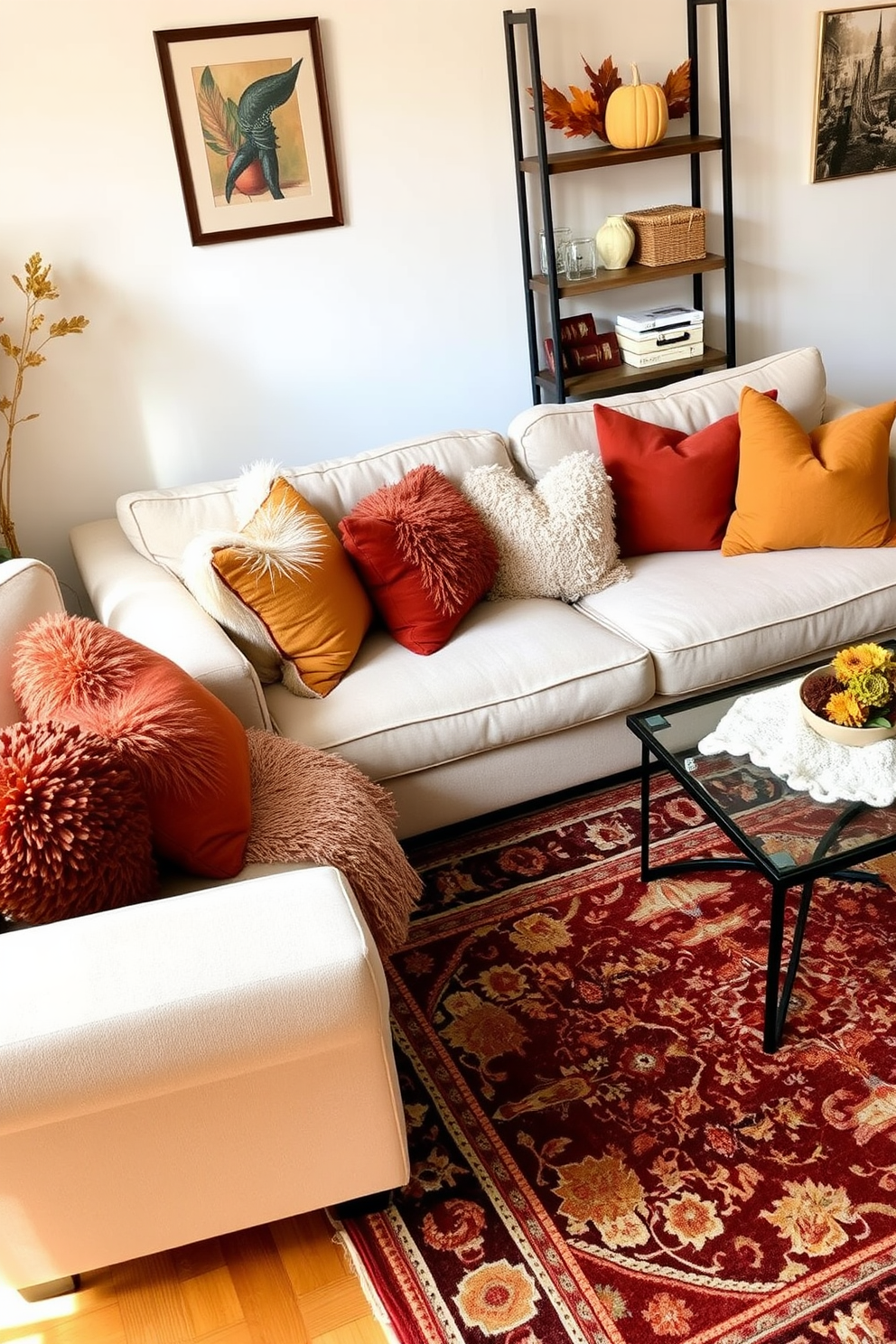 A cozy Thanksgiving apartment setting featuring layered textures with plush pillows in warm autumn colors scattered across a soft, inviting sofa. A beautifully patterned area rug anchors the space, complementing the rich hues of the pillows and adding warmth to the hardwood floor.