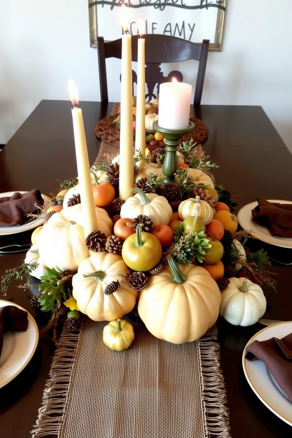 Harvest themed table centerpieces featuring an assortment of seasonal fruits and vegetables such as pumpkins, gourds, and apples. Elegant candles of varying heights are placed amidst the arrangement, casting a warm glow over the table. The table is adorned with a rustic burlap table runner that complements the autumn colors. Surrounding the centerpiece are decorative plates and napkins in earthy tones, enhancing the Thanksgiving ambiance.