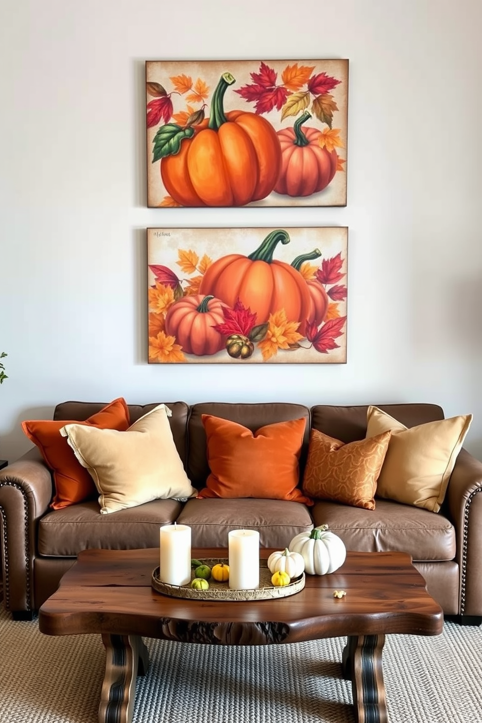 Seasonal wall art featuring fall motifs includes vibrant pumpkins and colorful leaves arranged in a cozy living room setting. The artwork is complemented by warm-toned throw pillows and a rustic wooden coffee table adorned with candles and small gourds.