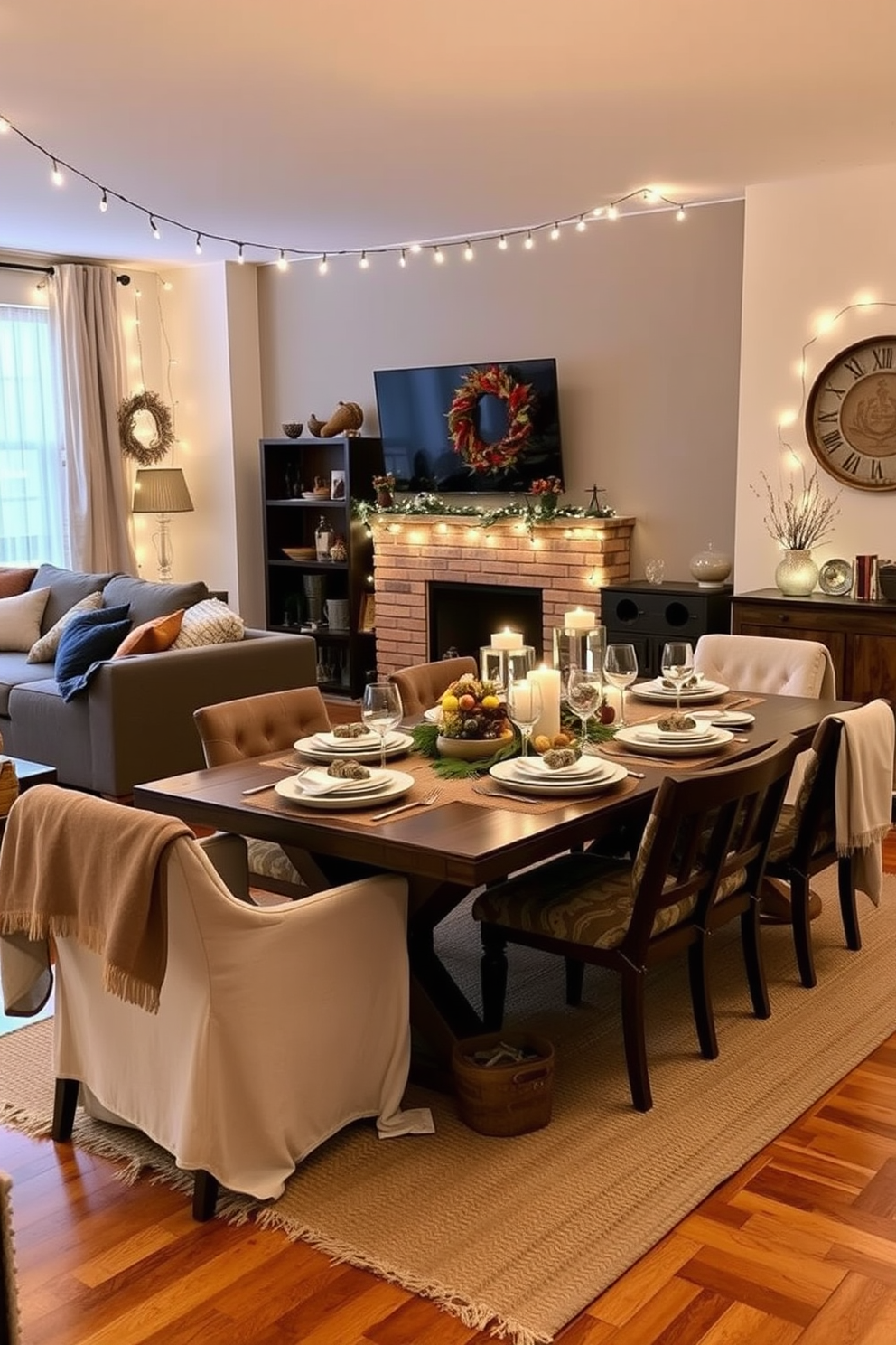 A cozy Thanksgiving apartment setting adorned with string lights that create a warm and inviting ambiance. The living area features a rustic wooden table set for a festive meal, surrounded by comfortable chairs draped with soft blankets.