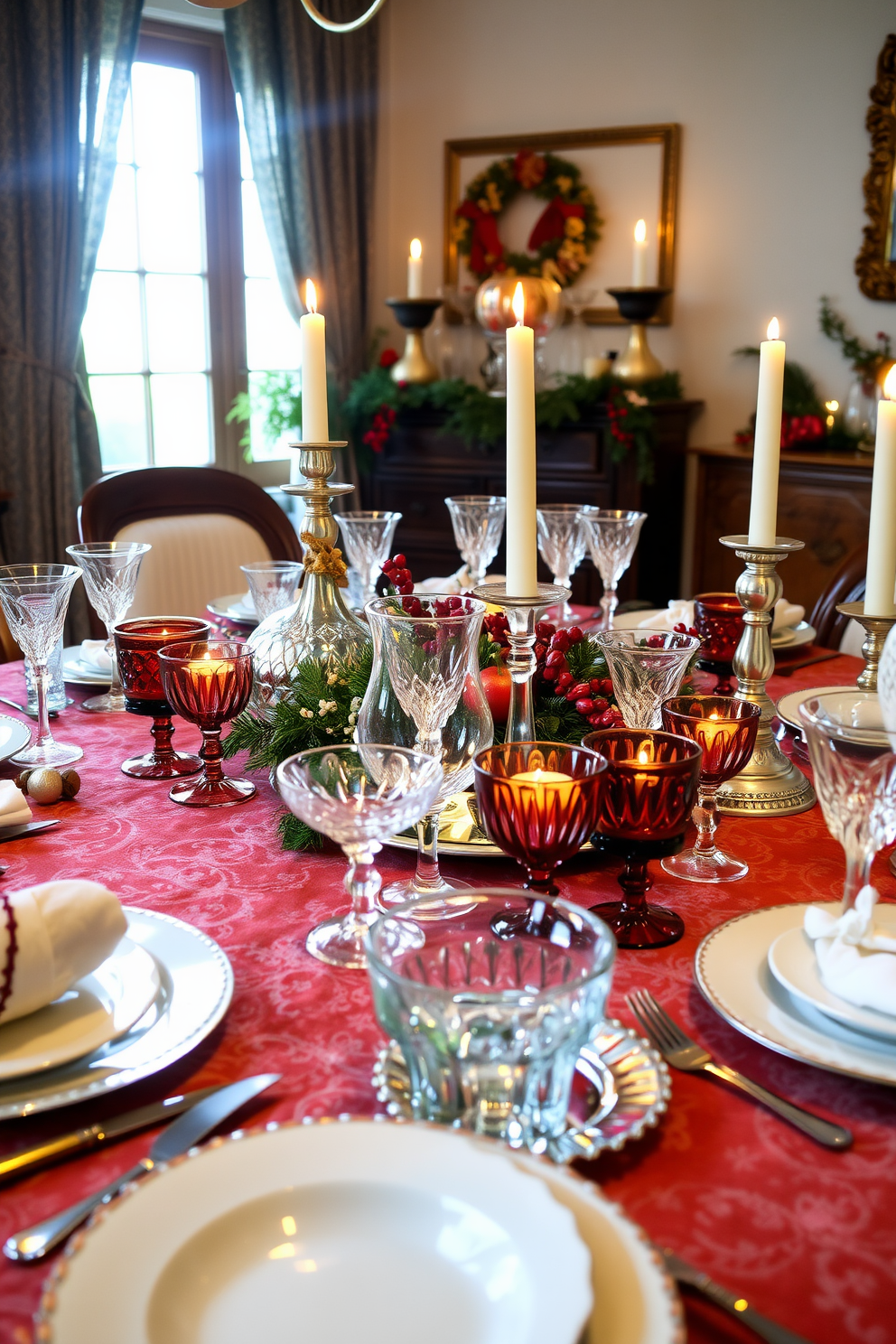 A beautifully arranged festive table features an array of vintage glassware in various shapes and sizes. The table is adorned with a rich, textured tablecloth and seasonal decorations, creating a warm and inviting atmosphere for Thanksgiving. The vintage glassware sparkles under soft candlelight, enhancing the overall elegance of the setting. Each piece is thoughtfully placed, showcasing a harmonious blend of colors and styles that reflect the charm of a cozy apartment.