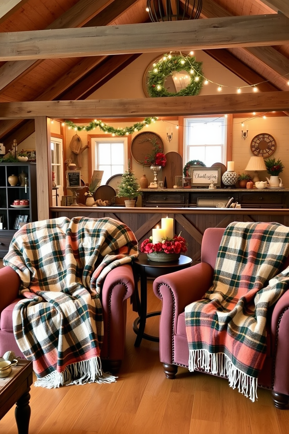 Cozy plaid throw blankets draped over comfortable armchairs create a warm and inviting atmosphere in the living room. The soft textures and rich colors of the blankets enhance the seasonal decor, making it perfect for Thanksgiving gatherings. In the attic, vintage decorations are arranged thoughtfully to evoke a sense of nostalgia. Twinkling fairy lights are strung along the wooden beams, illuminating the space and adding a festive touch for the holiday season.