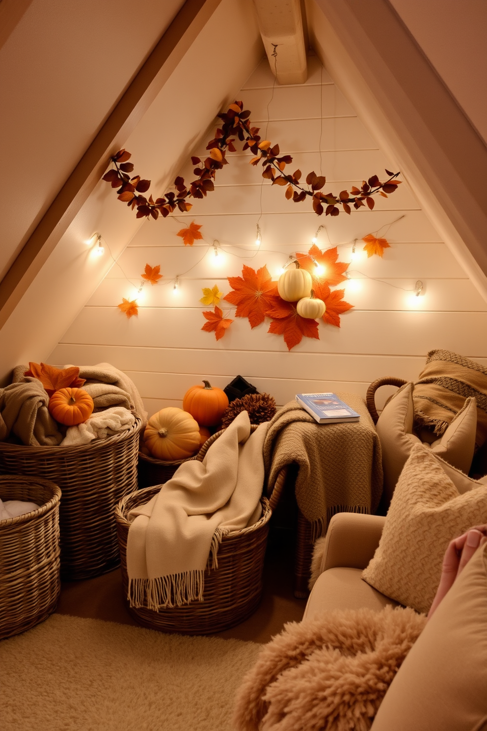 A cozy attic space decorated for Thanksgiving. There are woven baskets filled with soft blankets and throws, adding warmth and texture to the room. Autumn-themed decorations adorn the walls, featuring garlands of leaves and pumpkins. A comfortable seating area invites relaxation, complete with plush cushions and a warm throw.