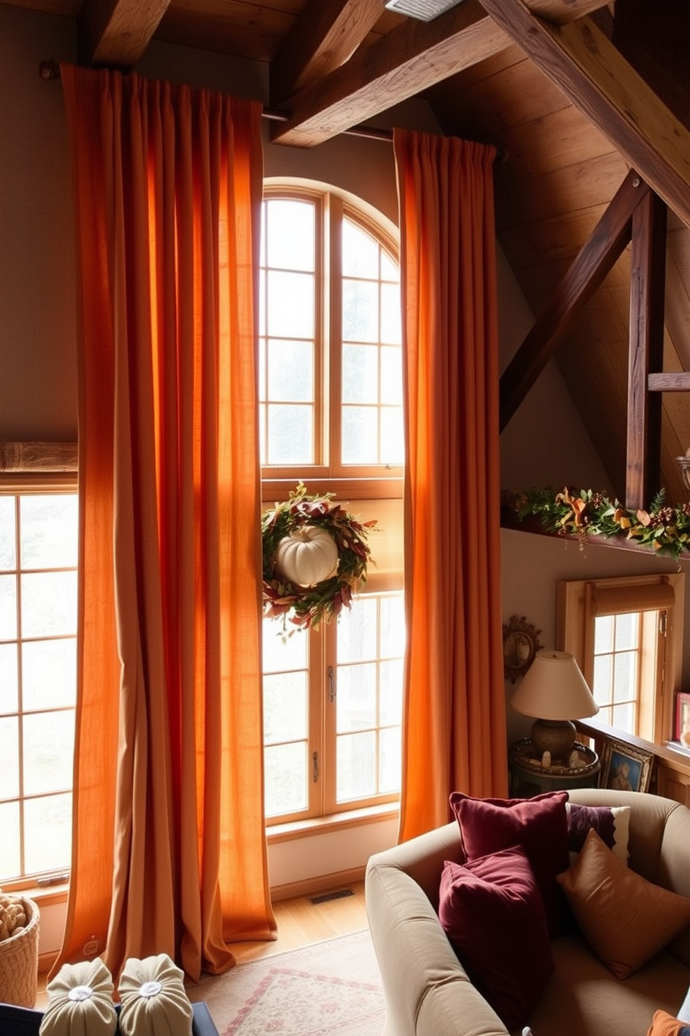 Earthy colored curtains drape elegantly over a large window, filtering soft natural light into the room. The warm tones of the fabric create a cozy atmosphere, inviting relaxation and comfort. The attic is transformed into a charming gathering space, featuring rustic wooden beams and a plush seating area. Decorated with seasonal accents and warm textiles, it provides the perfect backdrop for Thanksgiving festivities.